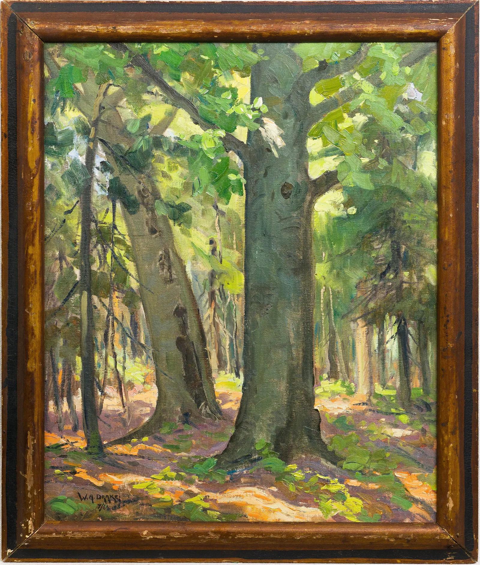 Antike kanadische signiert Impressionist Wald Interieur gerahmt Ölgemälde – Painting von Unknown