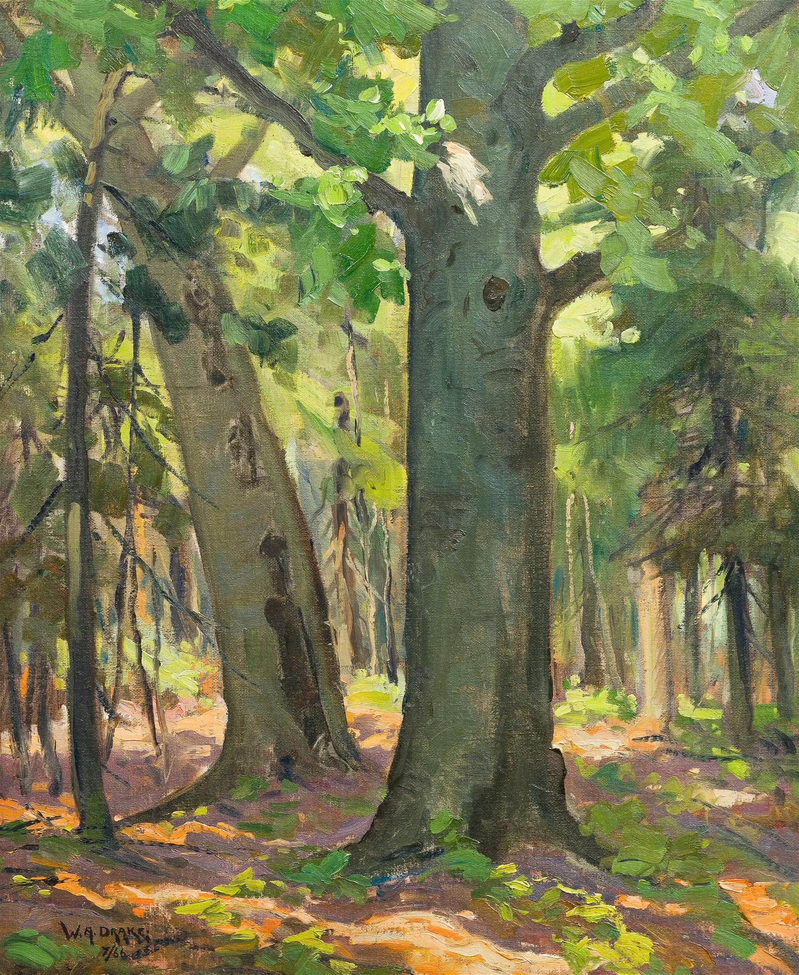 Ancienne peinture à l'huile impressionniste canadienne signée Impressionniste Forest Interior Framed - Impressionnisme Painting par Unknown