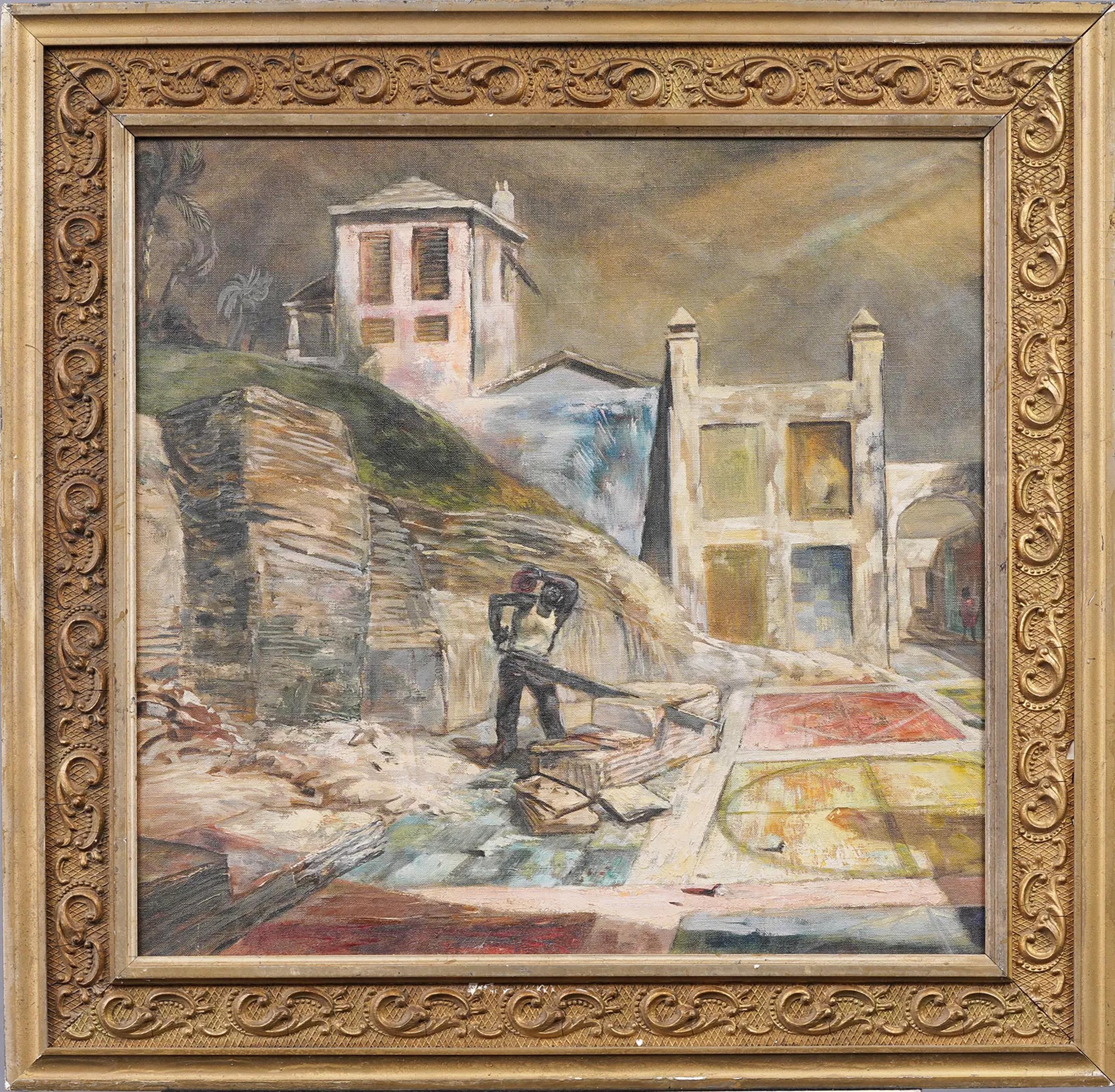 Antico dipinto tropicale modernista con scena di strada caraibica con albero di palme e uomo che lavora - Painting di Unknown