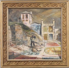 Antique Caribbean Street Scene Palm Tree Working Man Modernist Tropical Painting