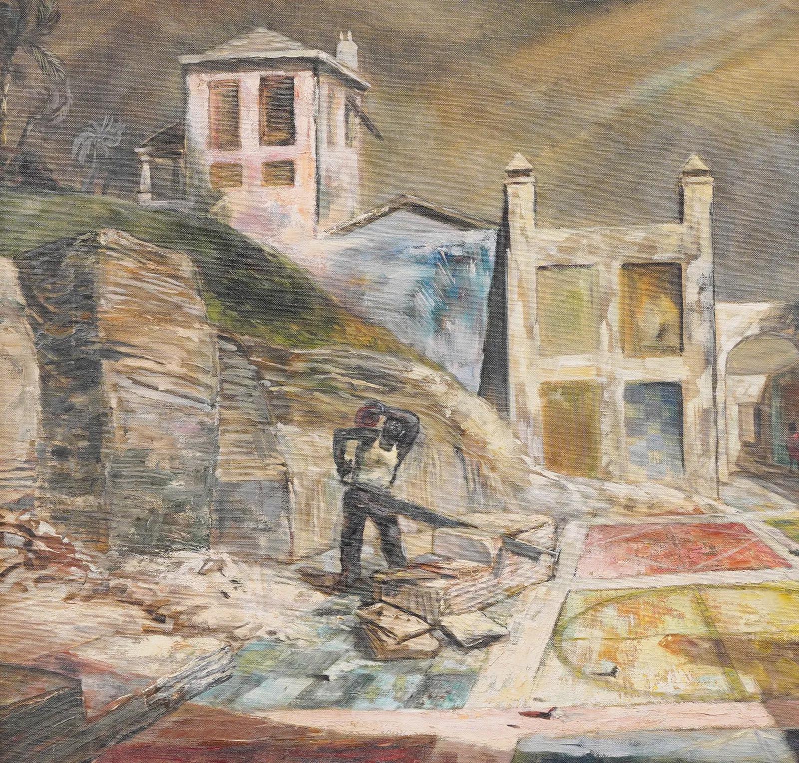 Antico dipinto tropicale modernista con scena di strada caraibica con albero di palme e uomo che lavora - Painting Moderno di Unknown