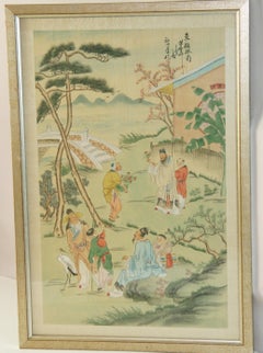Antique Chinese Figural Landscape Painting, Watercolor and Ink, 1920s