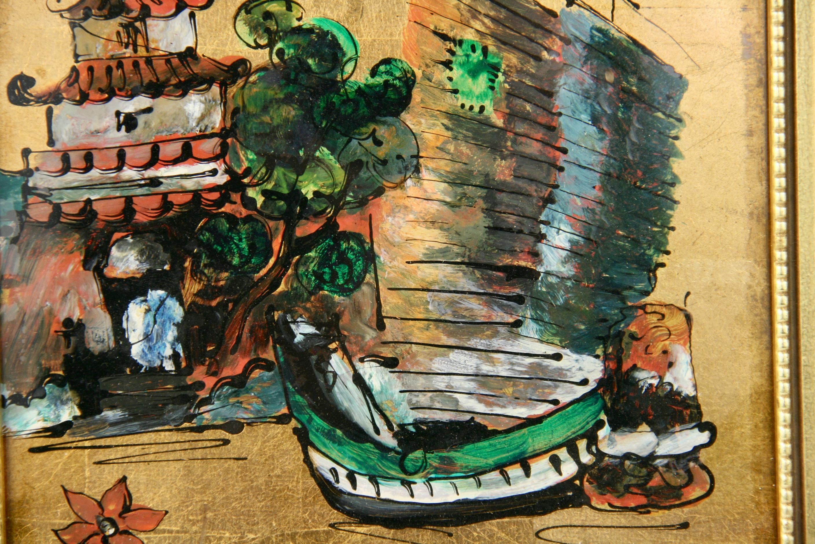 Antike chinesische Junk-Reverse-Fassung  Ölgemälde auf Glas, Ölgemälde, 1940 – Painting von Unknown