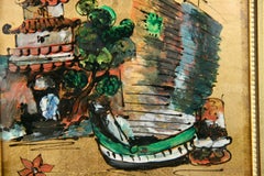 Antique Chinese Junk Reverse  Oil Painting on Glass 1940