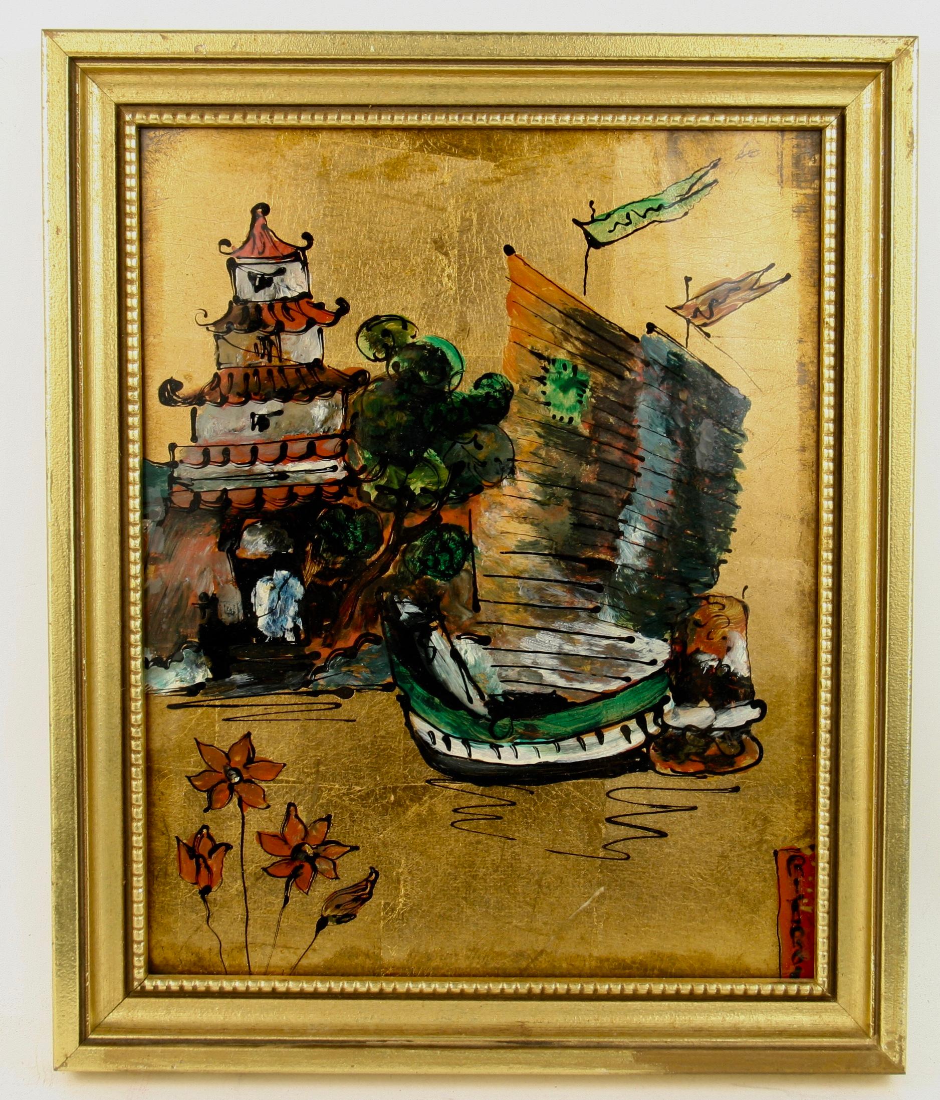 Antique Chinese Junk Reverse  Oil Painting on Glass 1940 For Sale 3