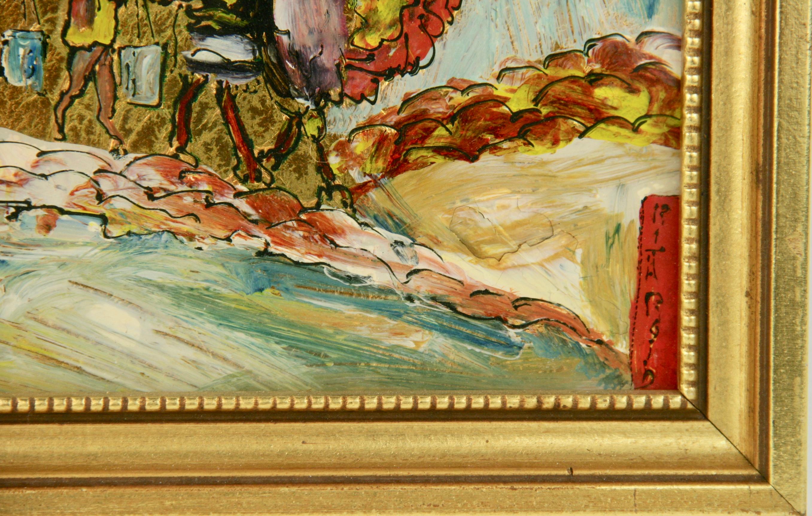Antikes chinesisches rückseitiges Ölgemälde auf Glas  Dorflandschaft, 1940 (Braun), Landscape Painting, von Unknown