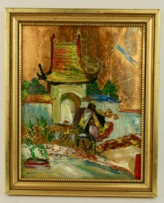 Antikes chinesisches rückseitiges Ölgemälde auf Glas  Dorflandschaft, 1940
