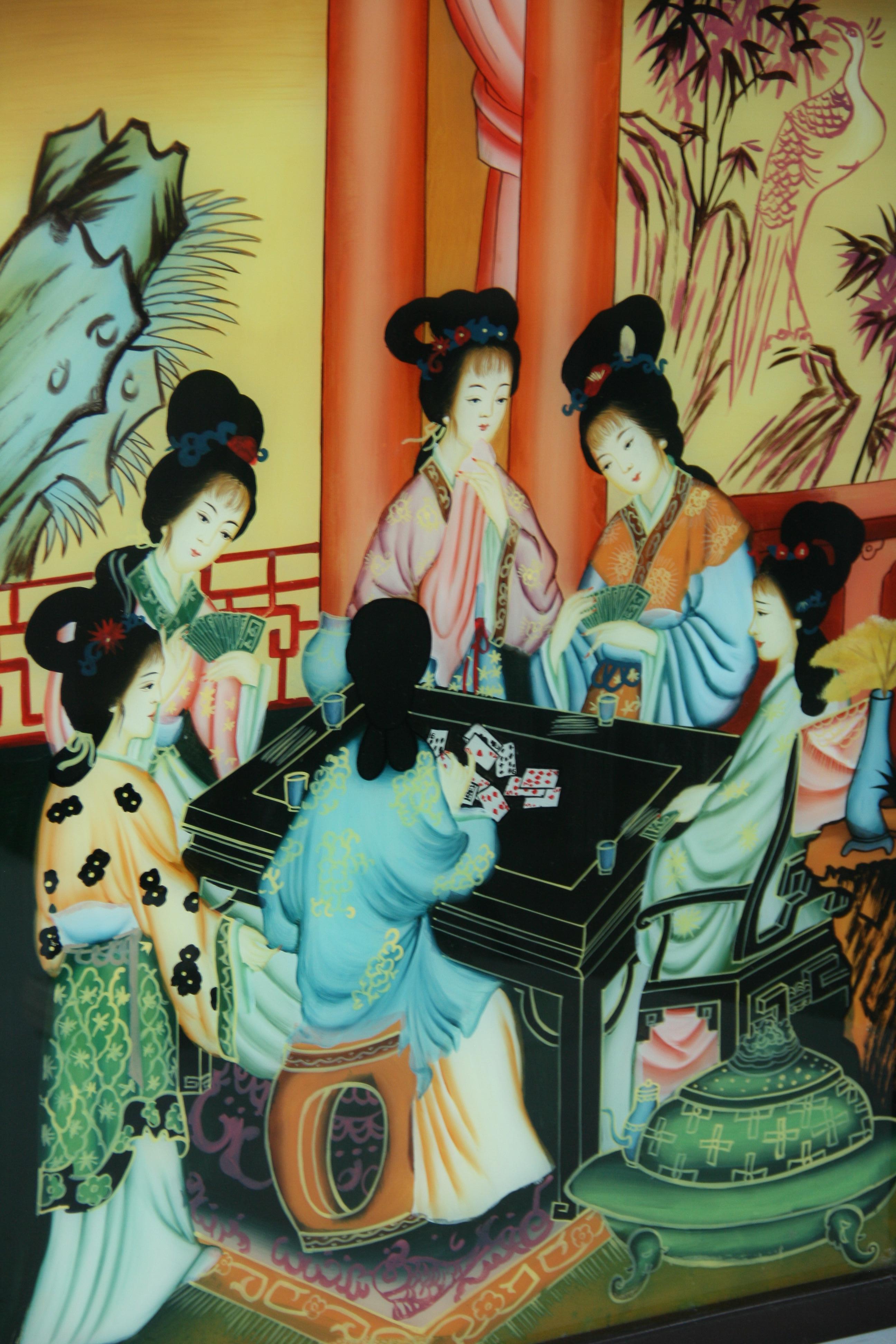 5000 Antike chinesische Reversmalerei auf Glas und in einem zeitgenössischen Rahmen mit Messingaufhänger