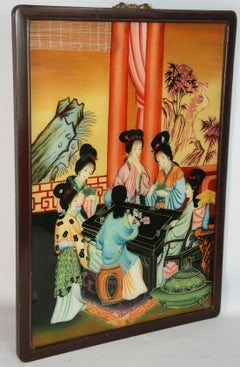 Antique Chinese Reverse Painting on Glass "Family Gathering" 1920's