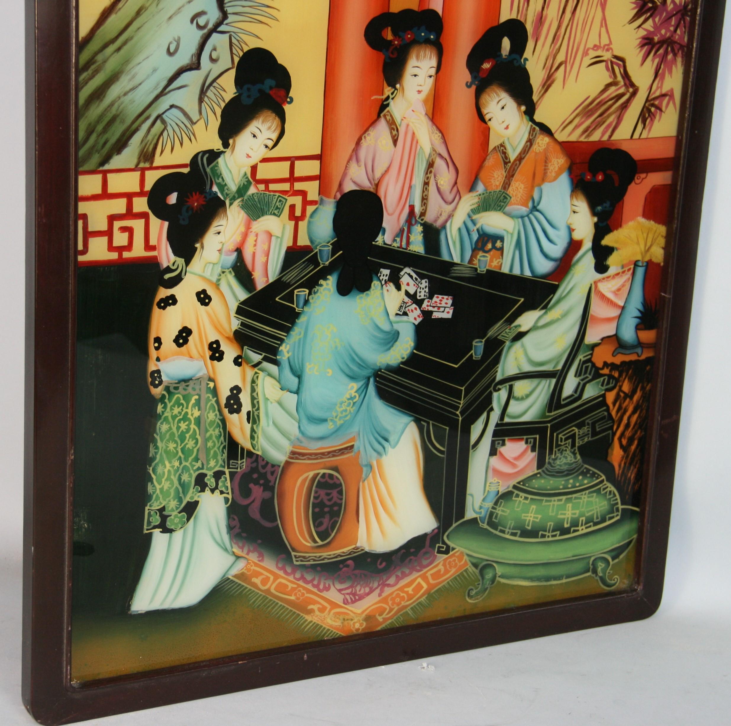 Antikes chinesisches Hinterglasgemälde auf Glas, „Familien gathering“, 1920er Jahre im Angebot 3