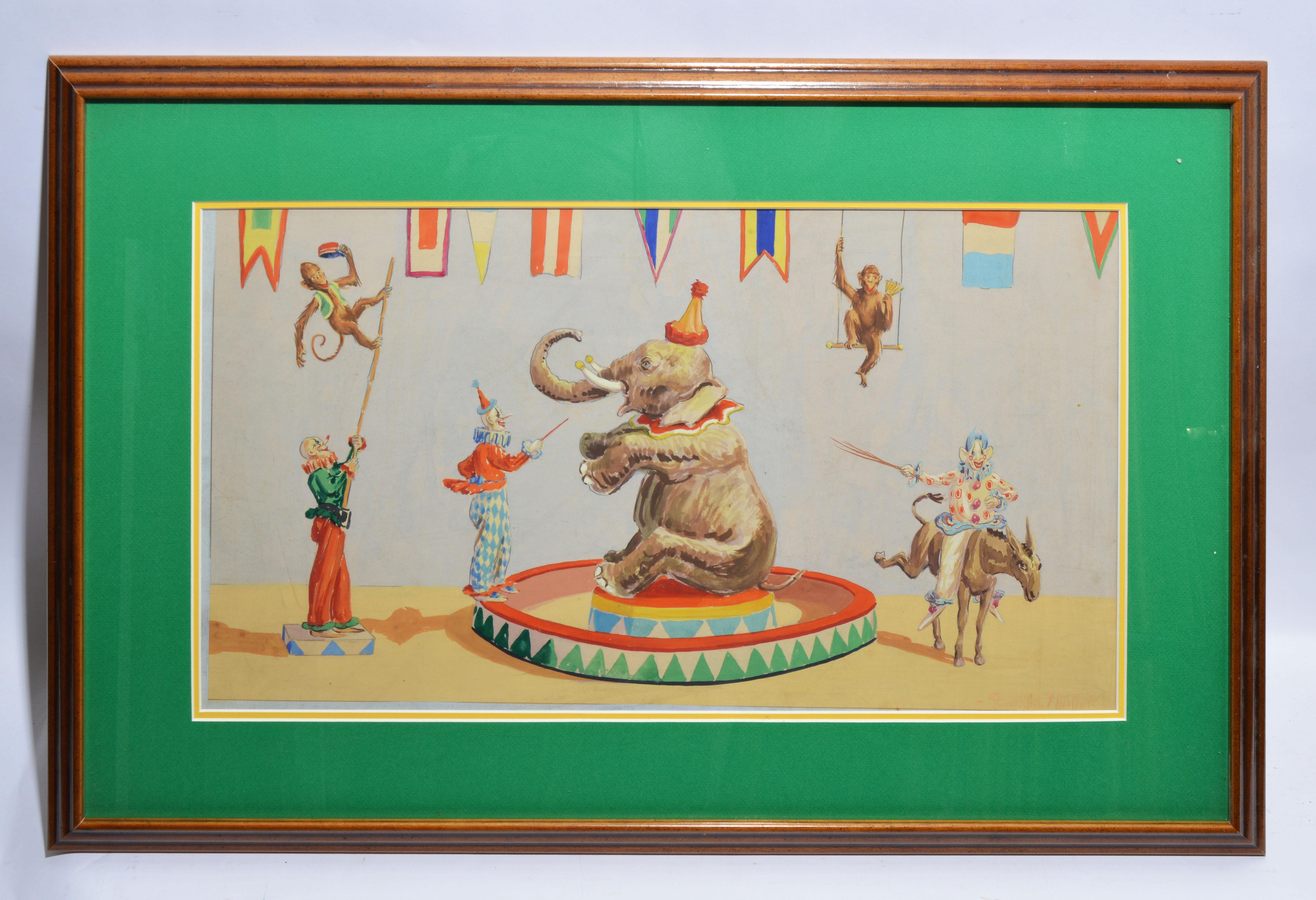 Antique Circus Painting with Elephants and Monkeys  (Beige), Figurative Painting, von Unknown