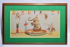 Antique Circus Painting with Elephants and Monkeys