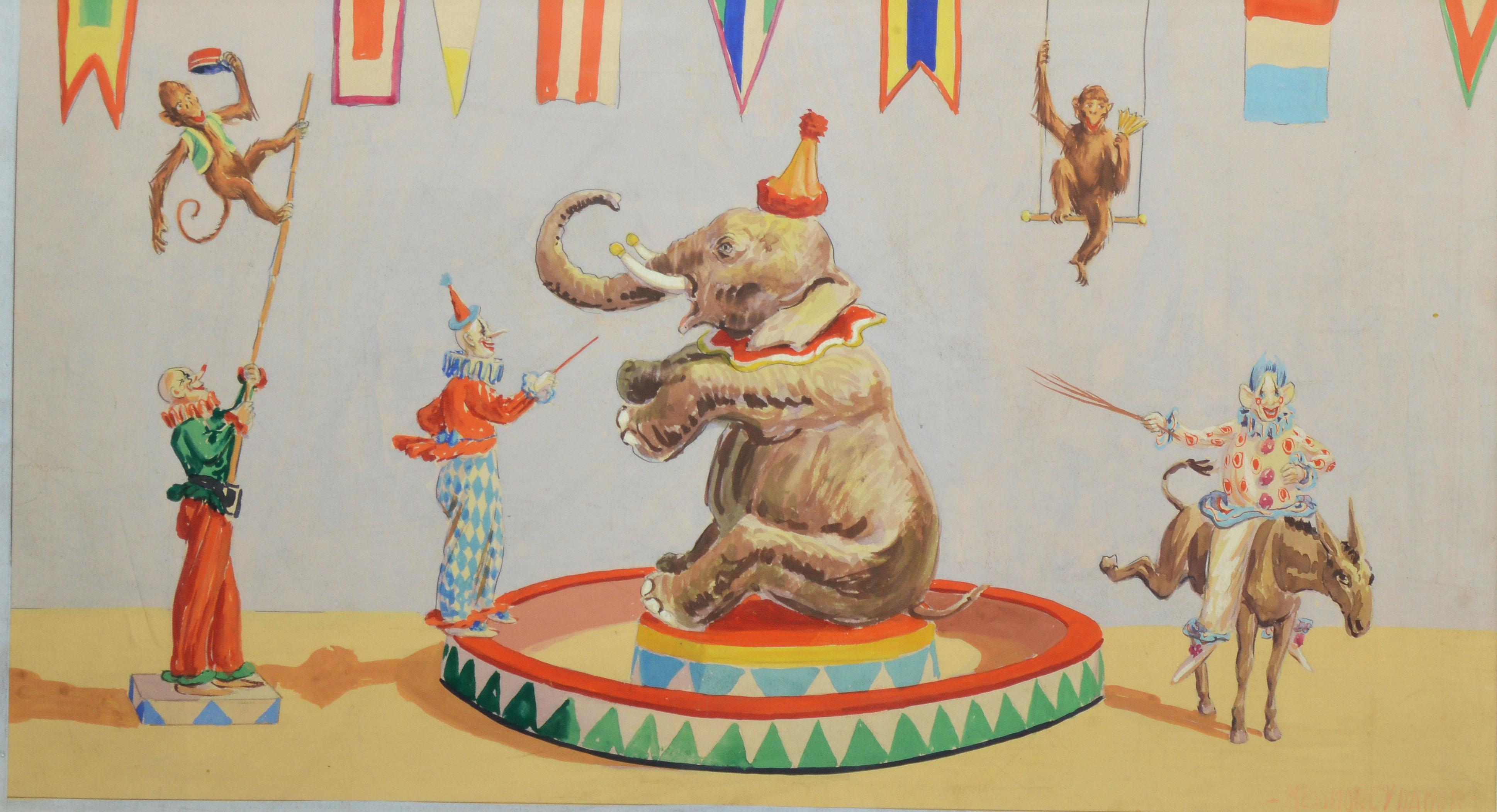Vintage circus painting.  Watercolor and gouache on paper, circa 1920.  Signed lower right.  Displayed in a giltwood frame.  Image, 23