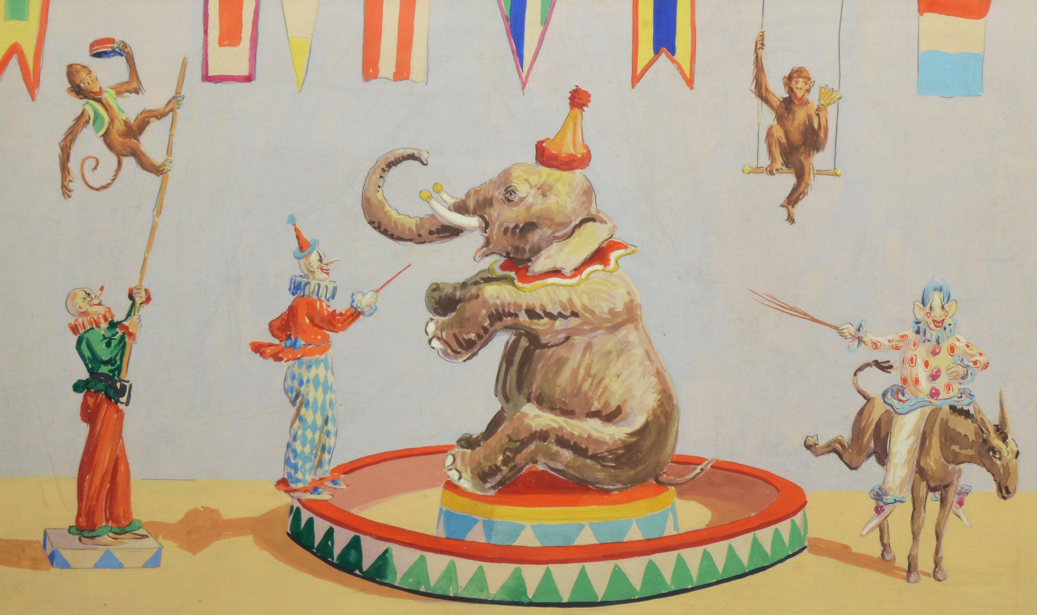 Antique Circus Painting with Elephants and Monkeys  - Beige Figurative Painting by Unknown