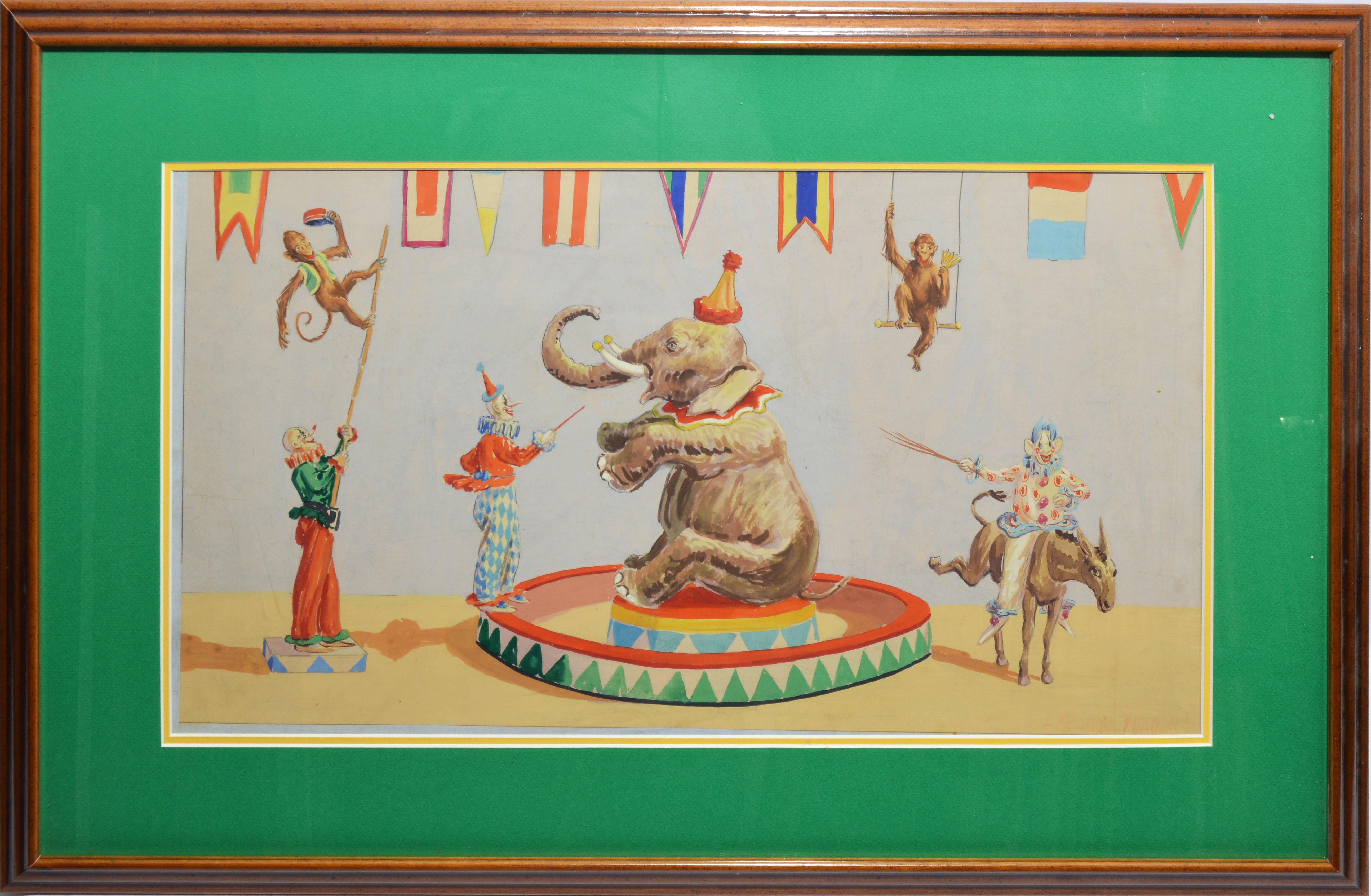 Unknown Figurative Painting – Antique Circus Painting with Elephants and Monkeys 