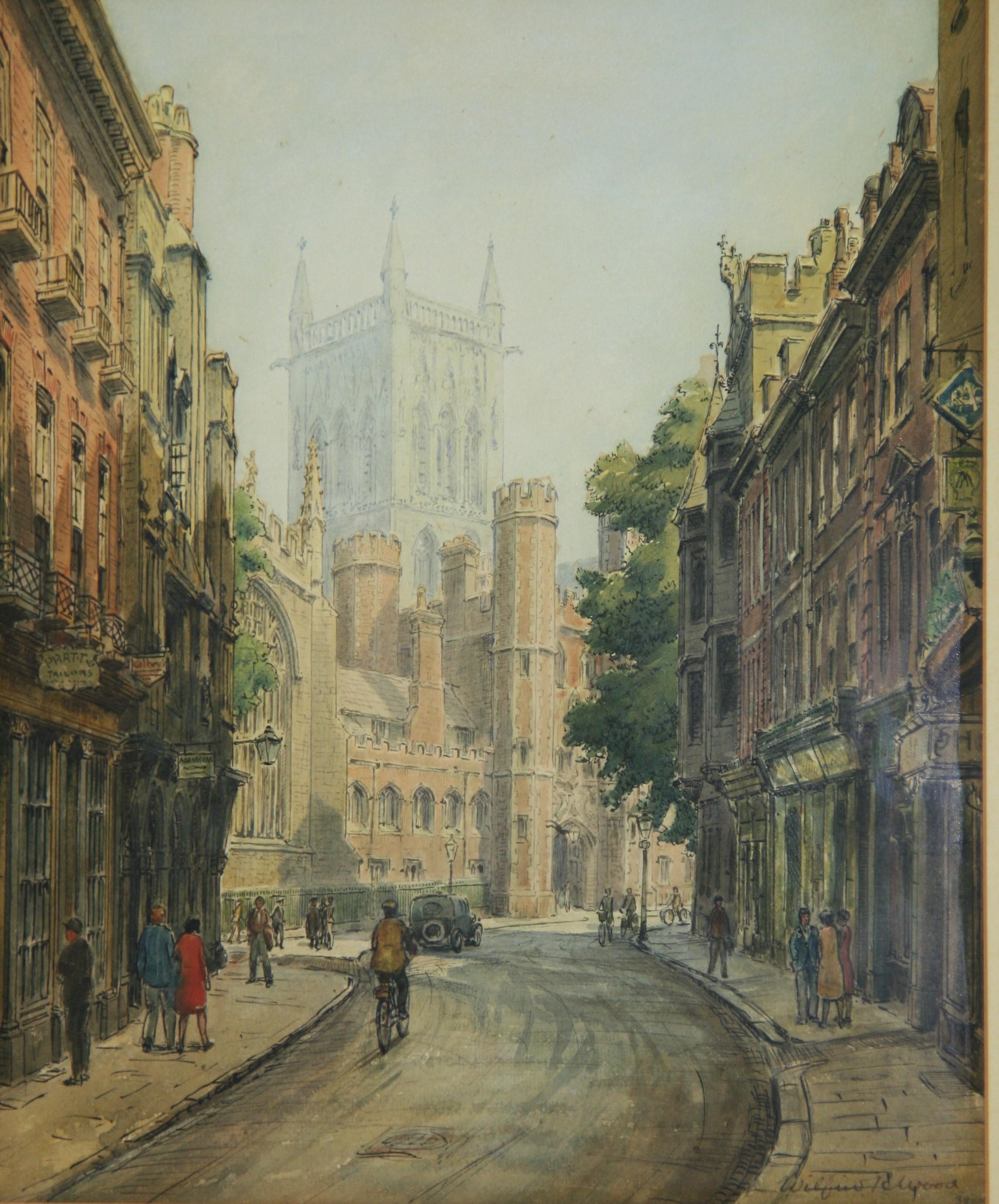 Vista antigua de la ciudad St John St Cambridge Inglaterra 1932 - Landscape Painting Marrón de Unknown