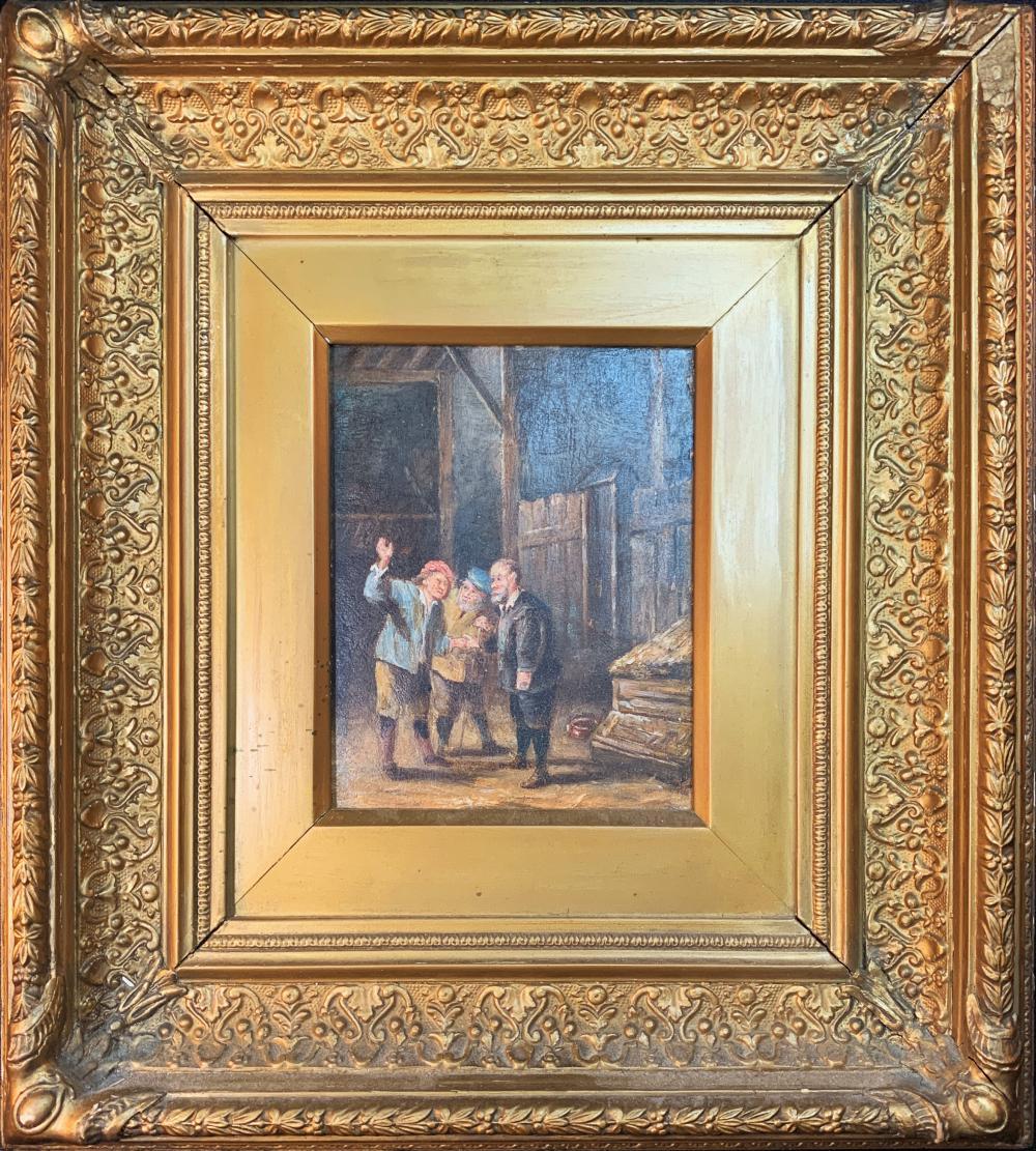 Antique Continental Figural Interior-scape Oil Painting