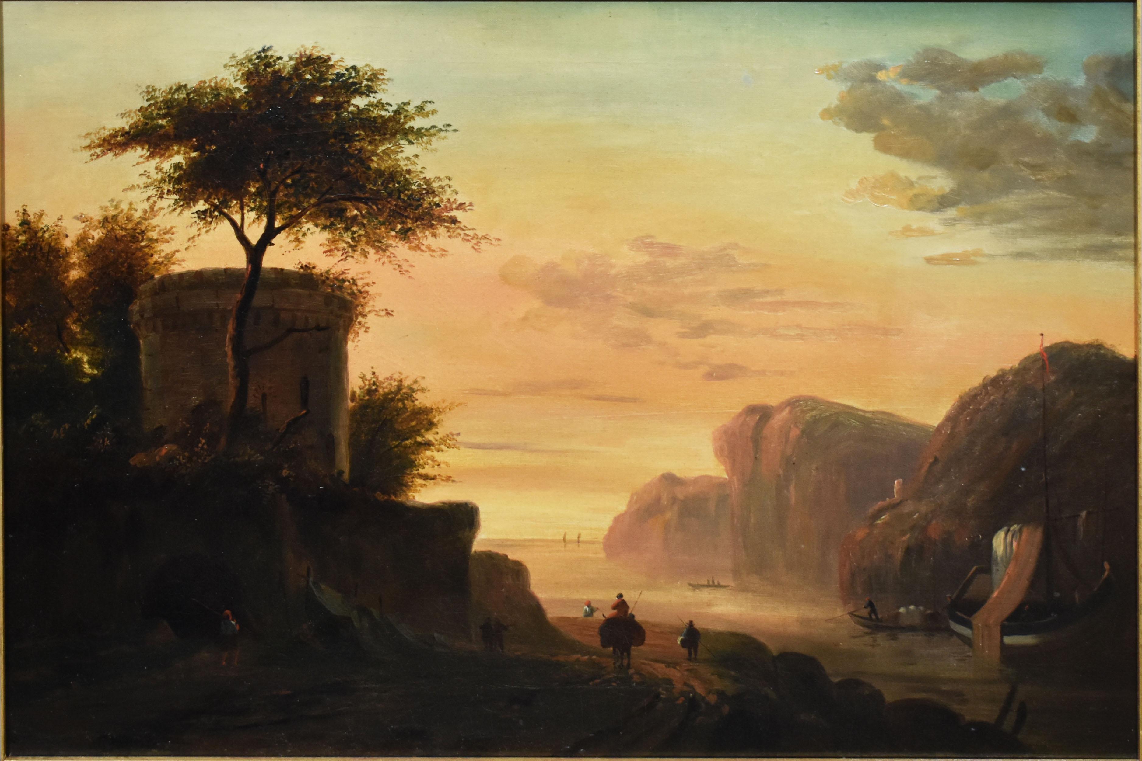 Antique Continental School Luminous Sunset Coastal Landscape Original Painting - Brown Landscape Painting by Unknown