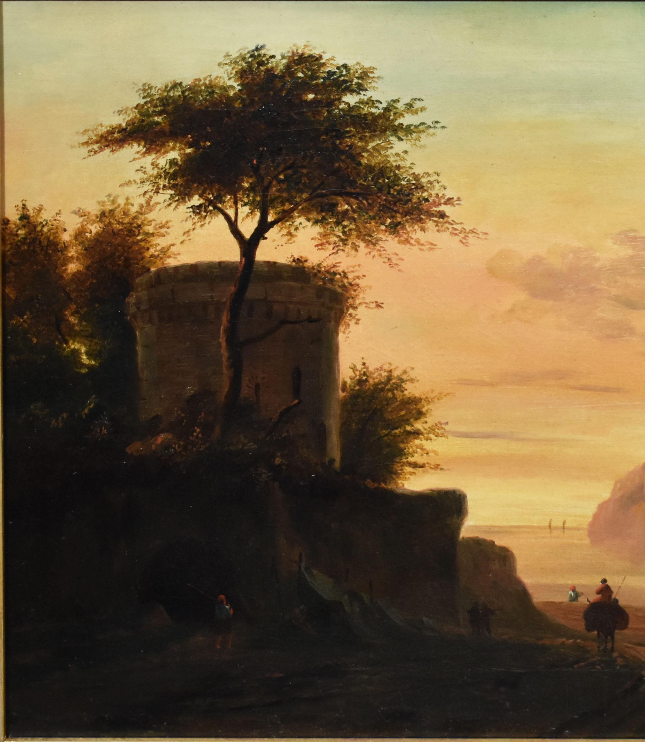 Antique Continental school luminous sunset landscape painting.  Oil on canvas, circa 1850.  Unsigned.  Displayed in a giltwood frame.  Image size, 24