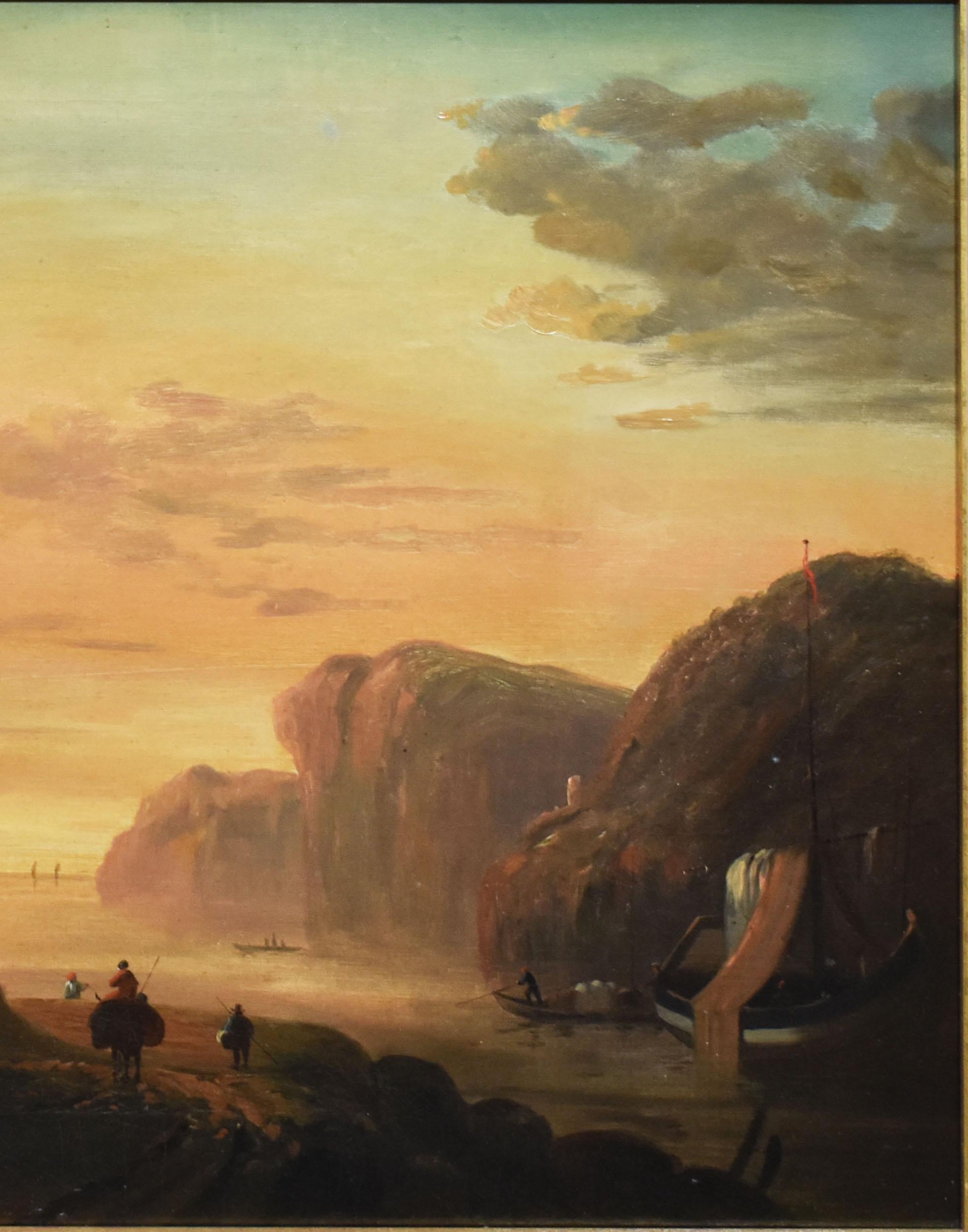 Antique Continental School Luminous Sunset Coastal Landscape Original Painting 1