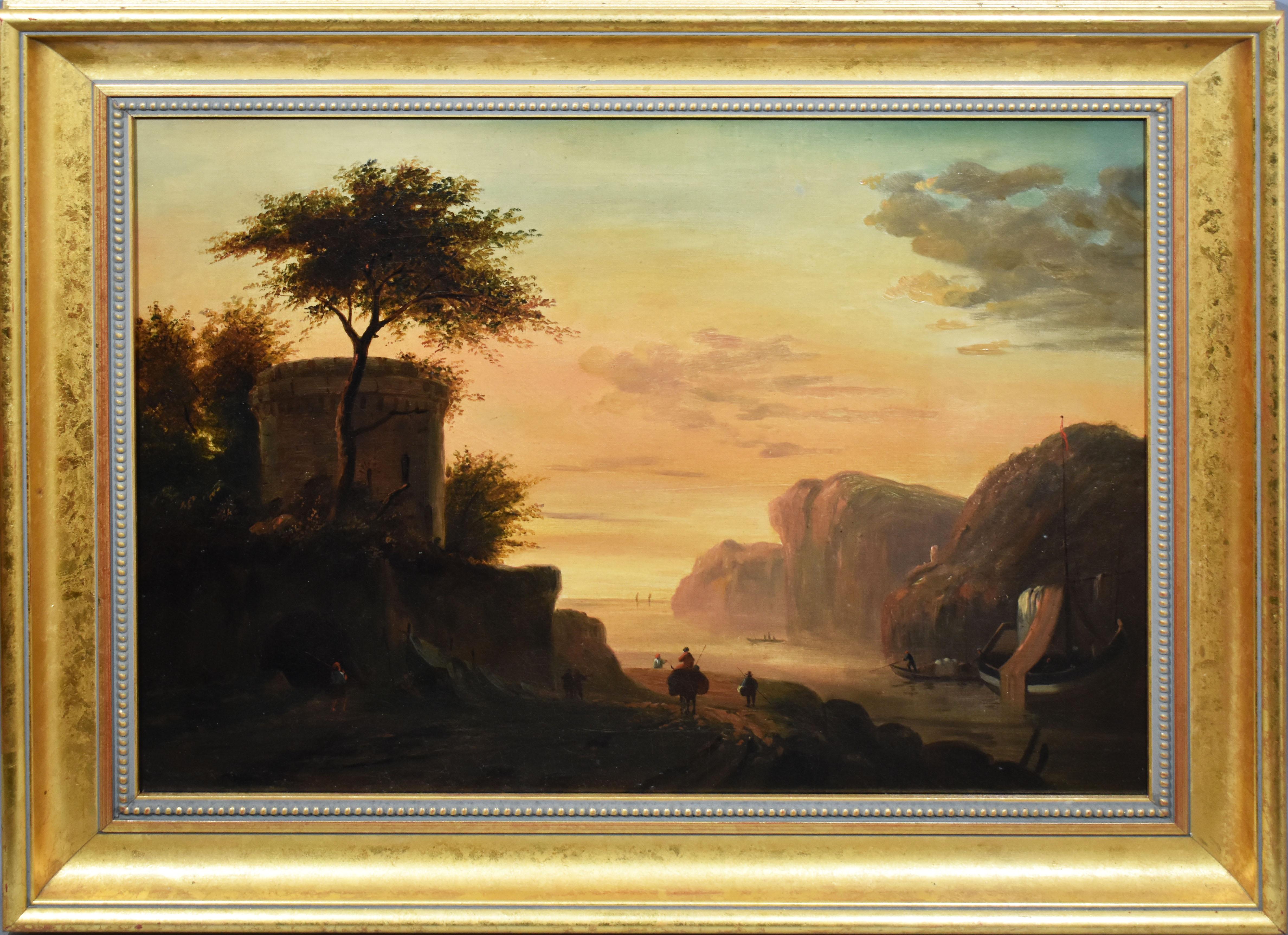 Unknown Landscape Painting - Antique Continental School Luminous Sunset Coastal Landscape Original Painting