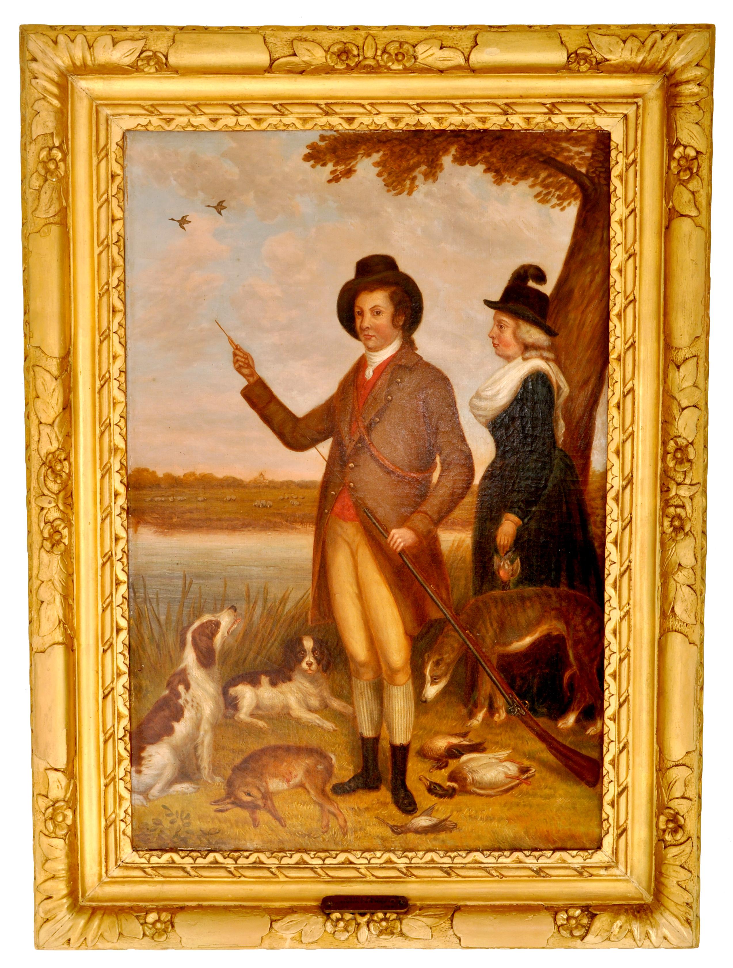 Unknown Portrait Painting - Antique Country House Georgian Hunting Portrait Oil on Canvas Painting 1750