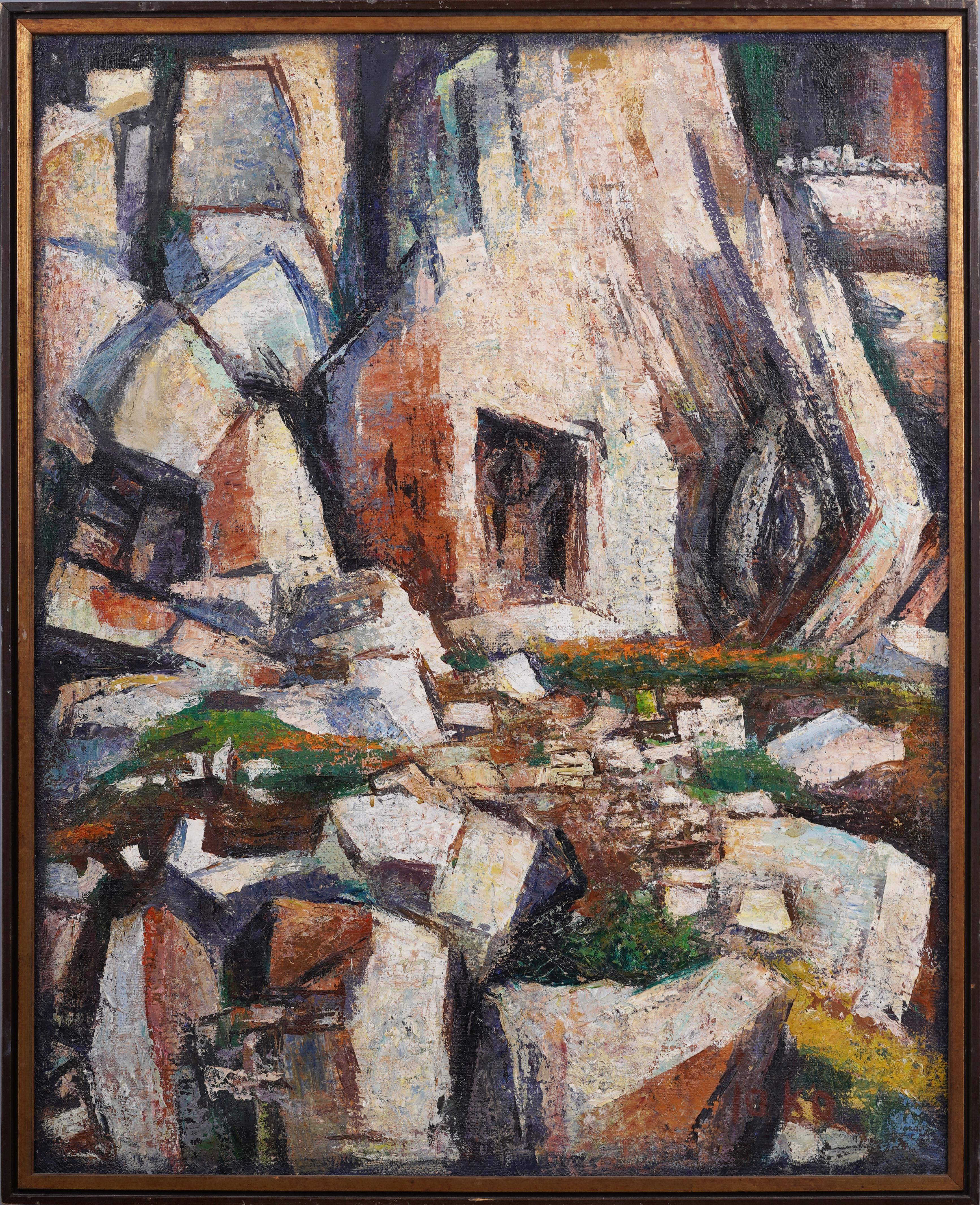Unknown Abstract Painting – Antike Kroatische modernistische abstrakte Strandszene, geteilt gerahmtes, großes Ölgemälde