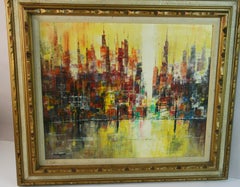 Framed 1940s Antique Cubic City Skyline Oil Painting, 19.5x23.5\"