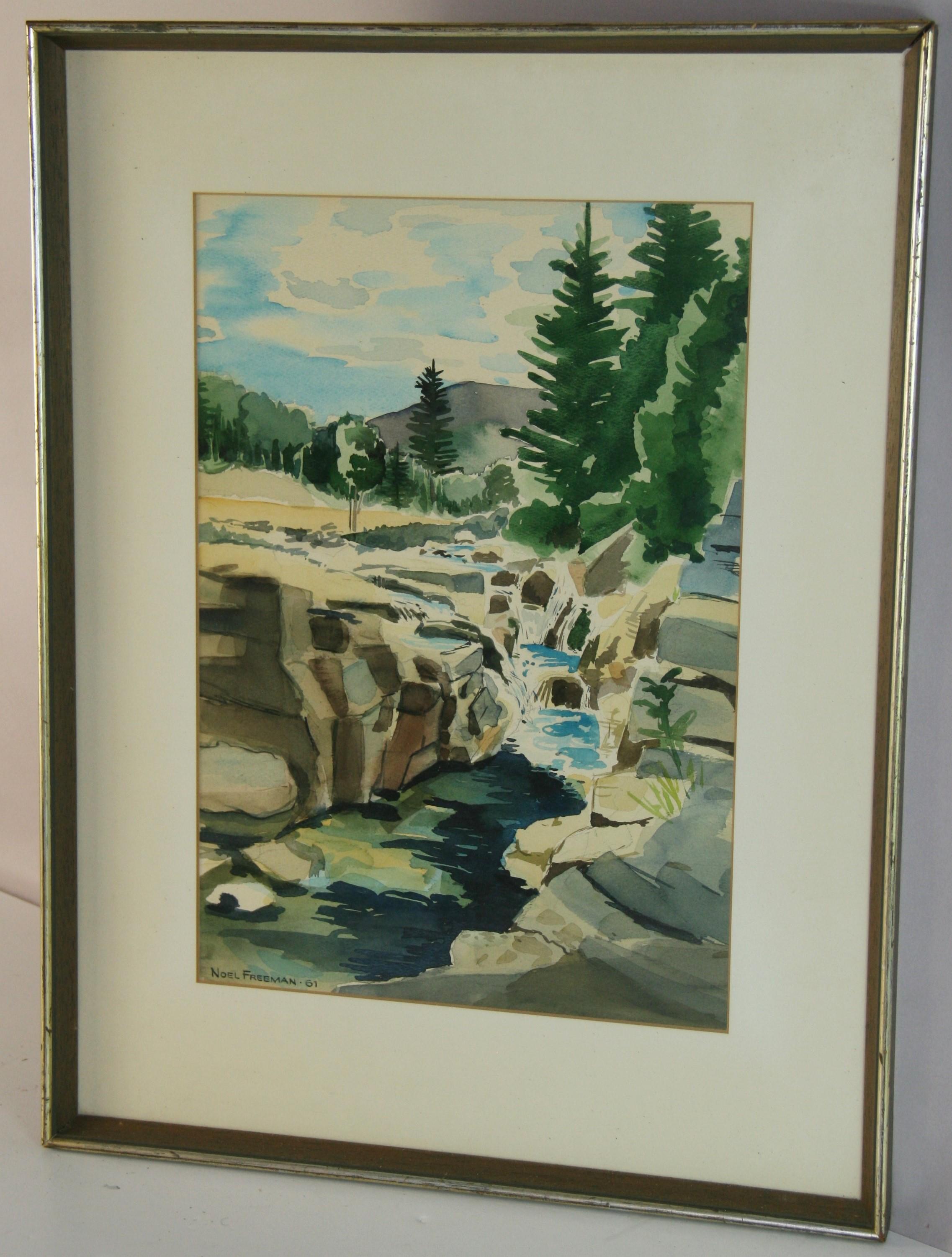 Ancien paysage aquatique surplombant signé Freeman 61 - Painting de Unknown
