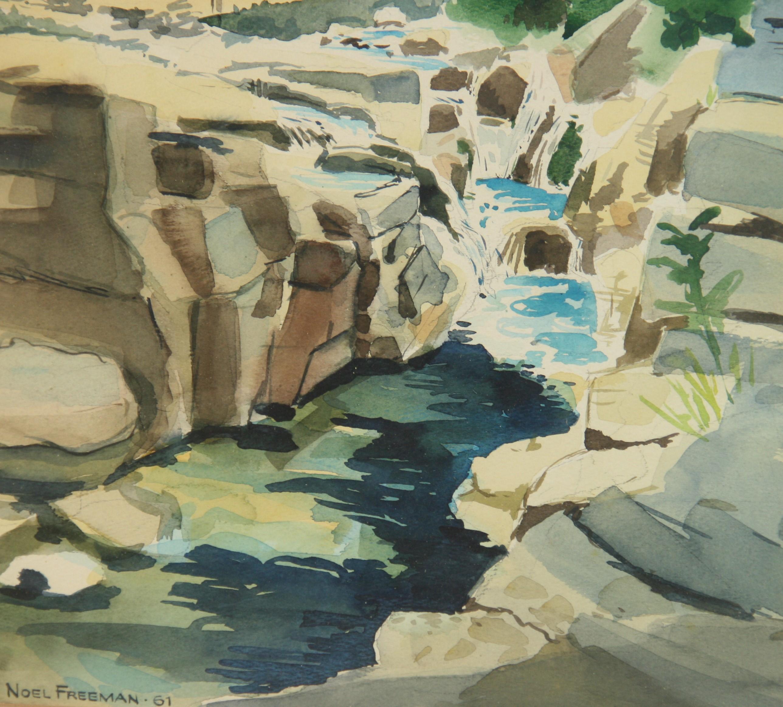 Ancienne peinture à la gouache et à l'aquarelle cubique américaine avec chute d'eau
Encadré 
Signe Noel Freeman 61
Taille de l'image 17x12