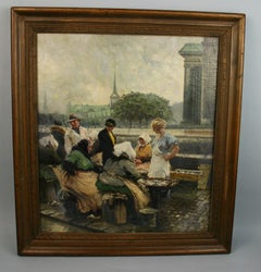 Antique Danish Impressionist Figurative Fish Market Scene Painting 1940