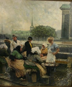 Antique Danish Impressionist Figurative Fish Market Scene Painting 1940