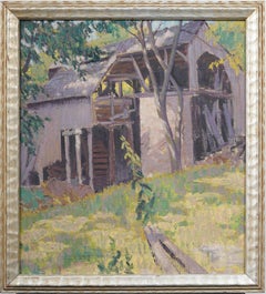 Antique Dappled Sunlit Barn New England Impressionist Landscape Oil Painting