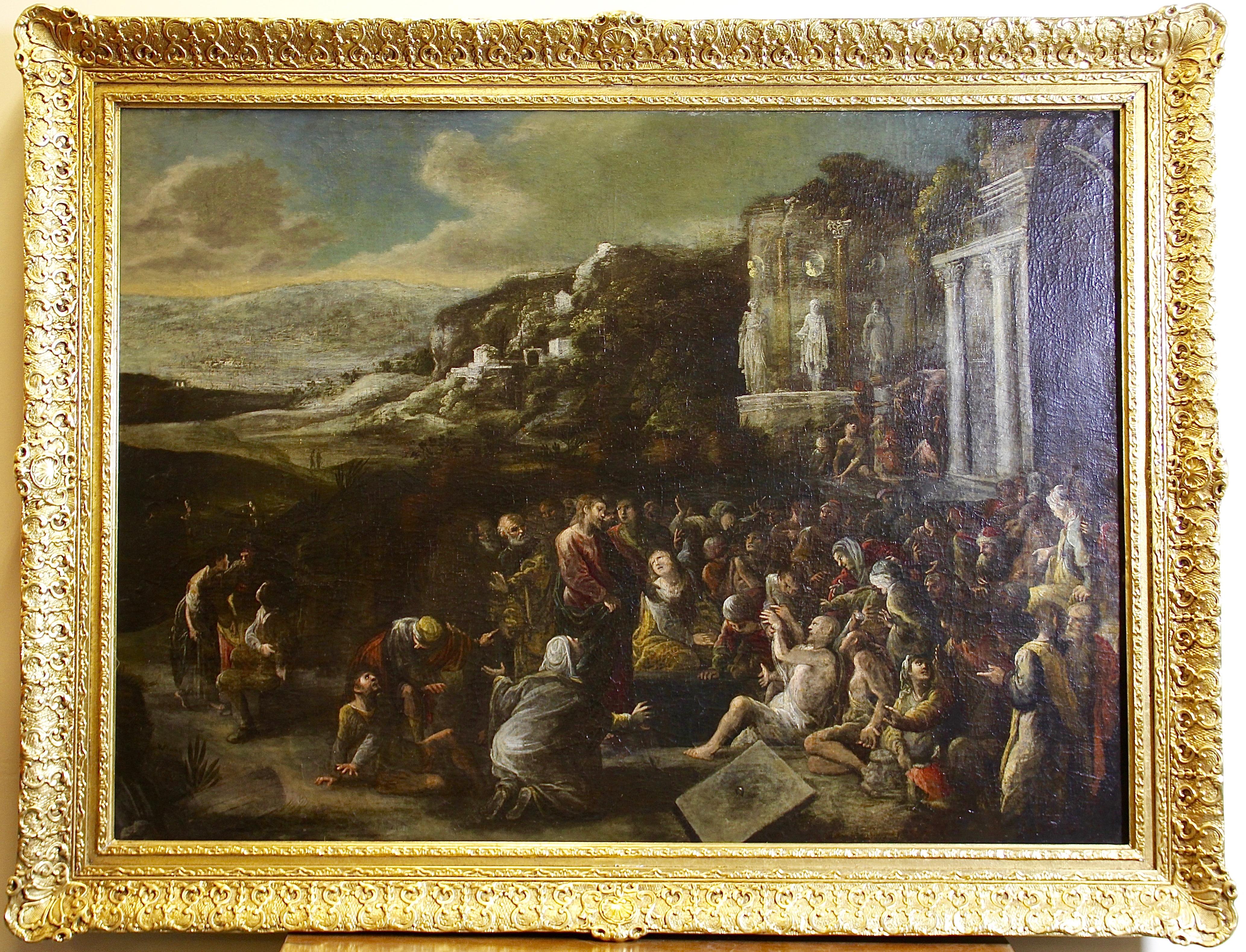 Antique, decorative oil painting, 18th century. Christian scene. - Painting by Unknown