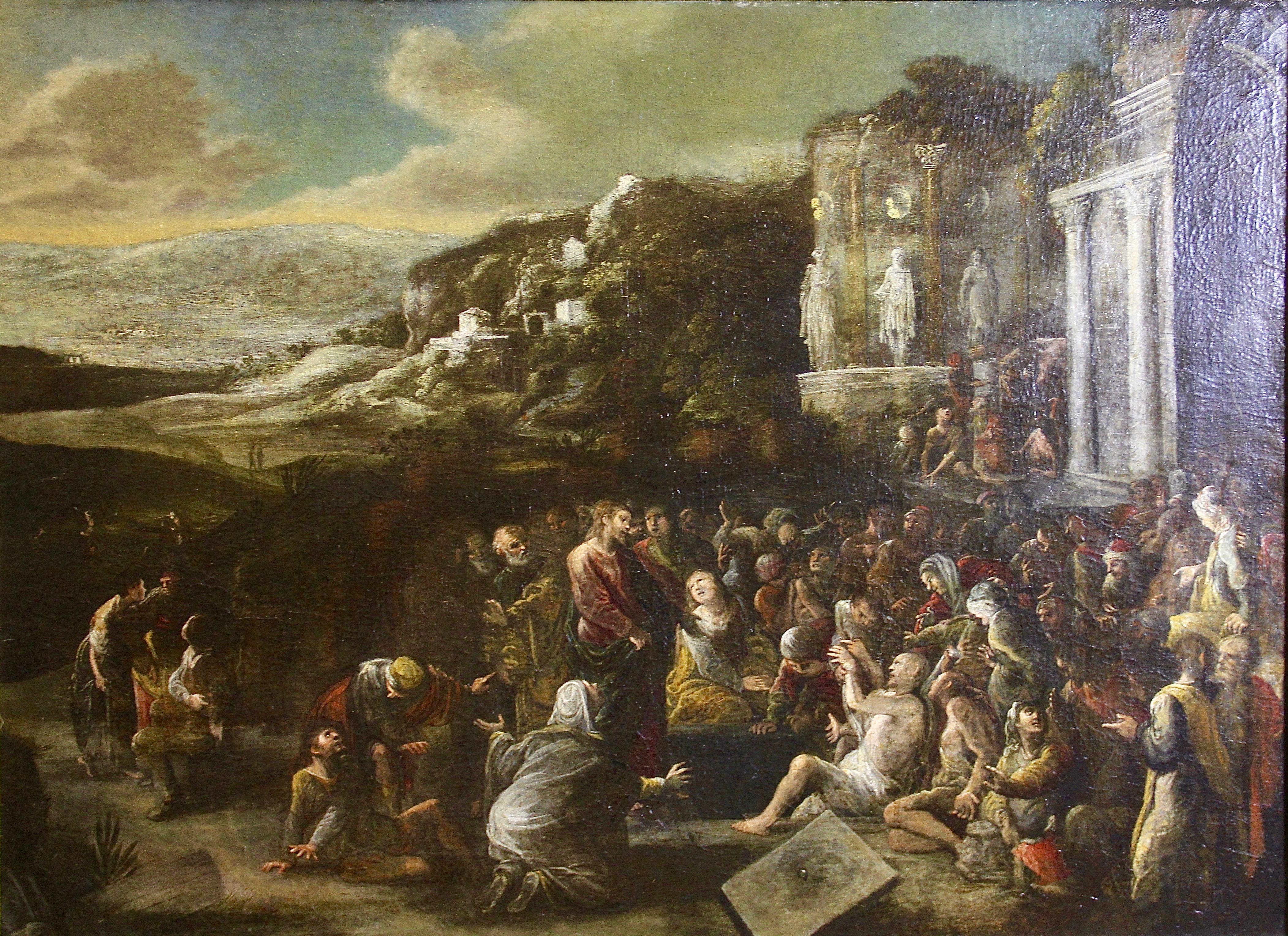 Antique, decorative oil painting, 18th century. Christian scene.