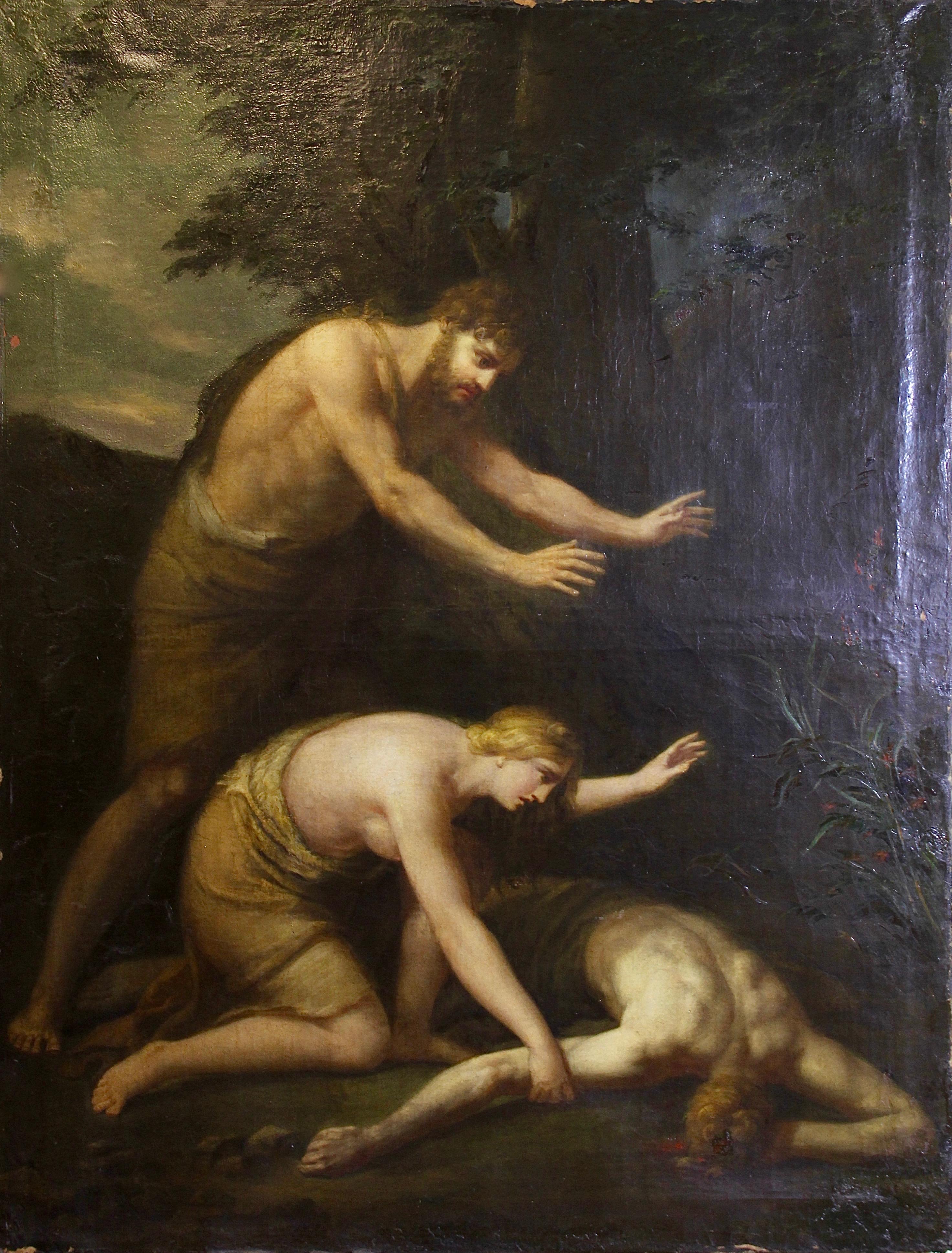 Unknown Figurative Painting - Antique, decorative oil painting, 19th century. "The slain Abel"