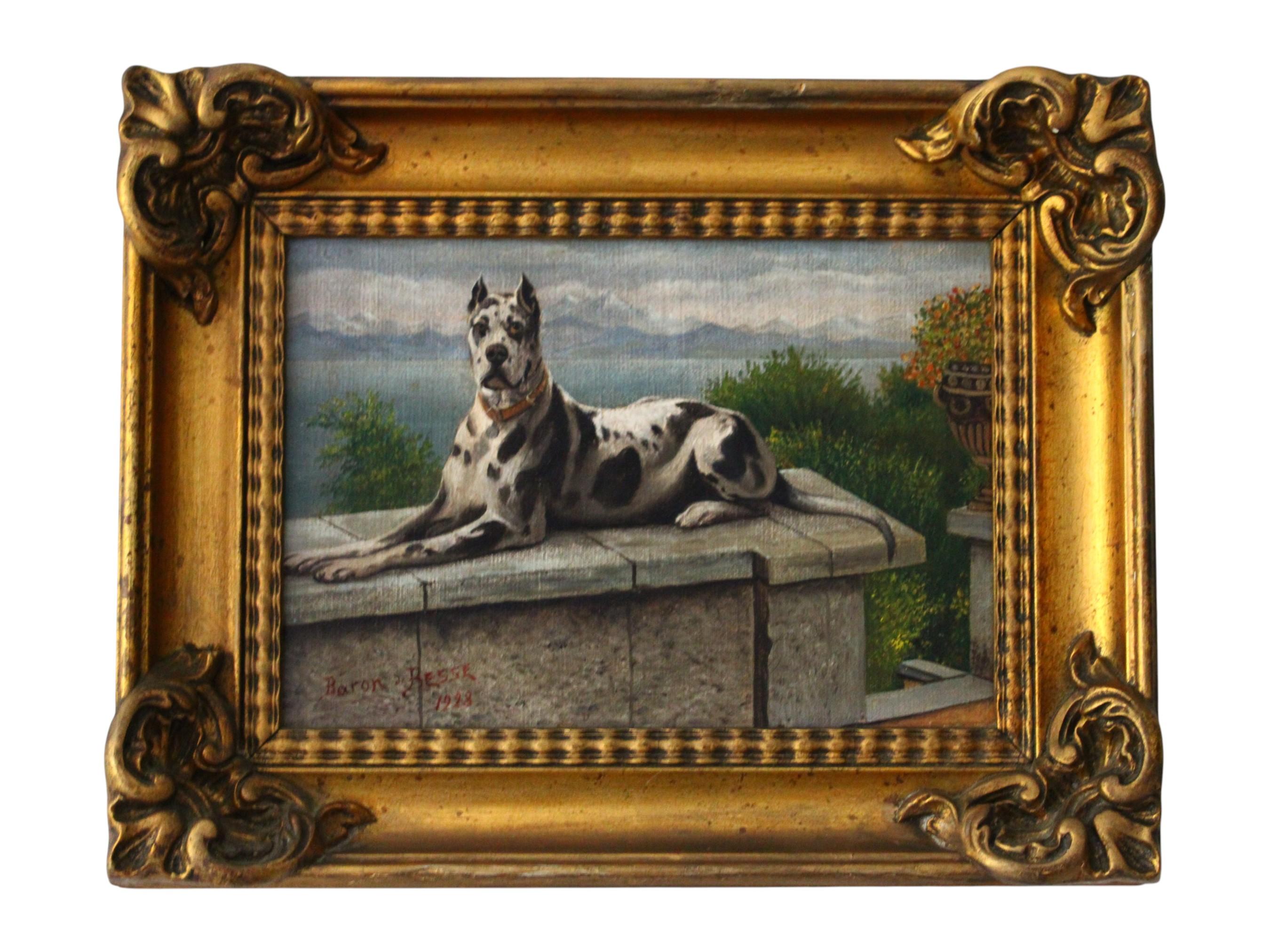 Dog Painting, 1920's French Portrait of a Great Dane in Landscape Oil Painting