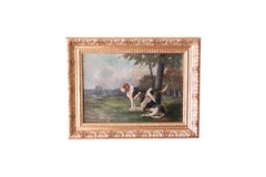 Antique dog painting of hunting dogs in a landscape waiting for their master