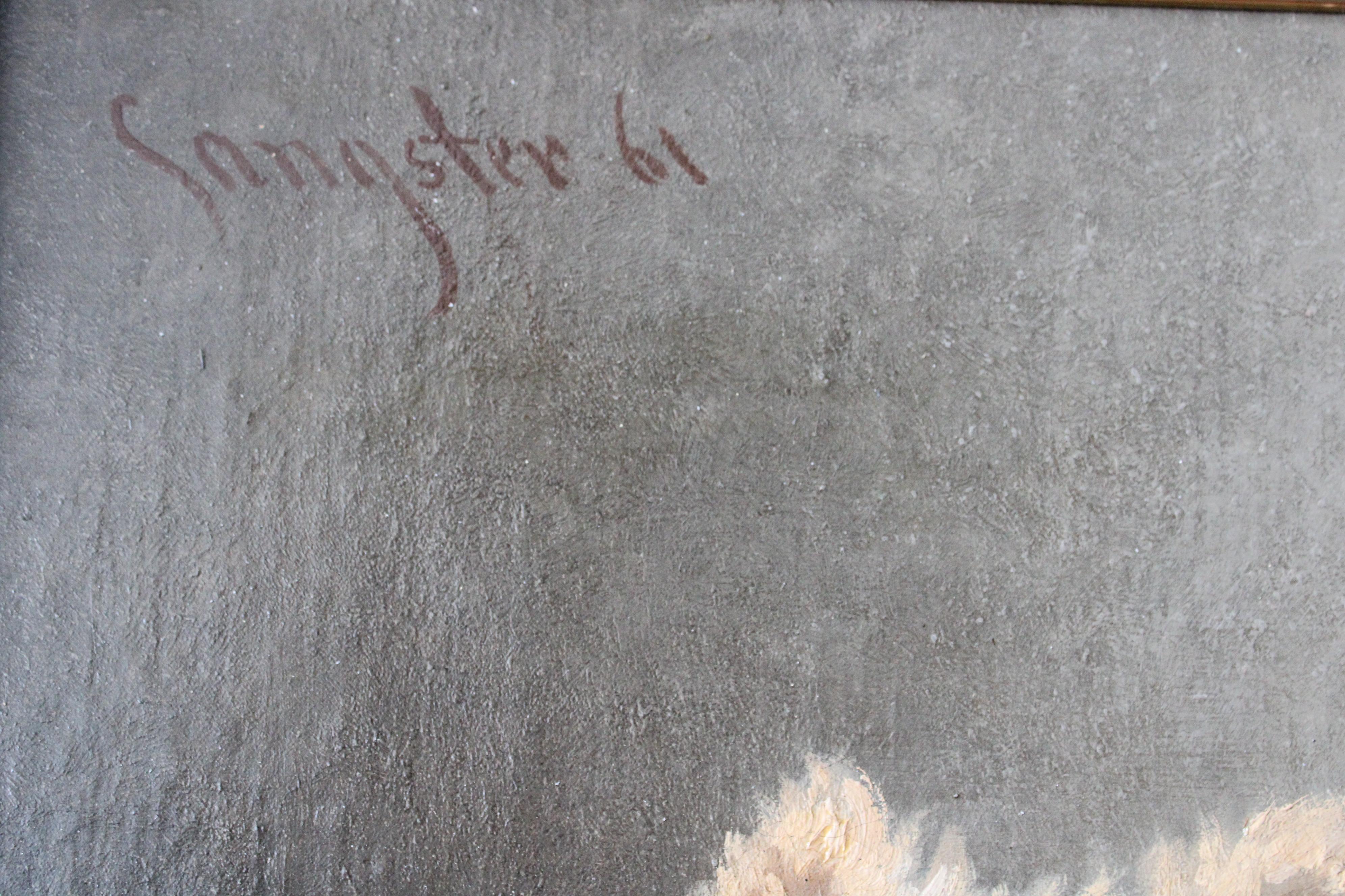 Gran óleo antiguo de dos perros, firmado y fechado en la esquina superior izquierda, 'Sangster 61'. 
Se trata de un delicioso óleo antiguo atmosférico de dos perros en un ambiente interior, de aspecto típicamente victoriano.  El artista ha utilizado