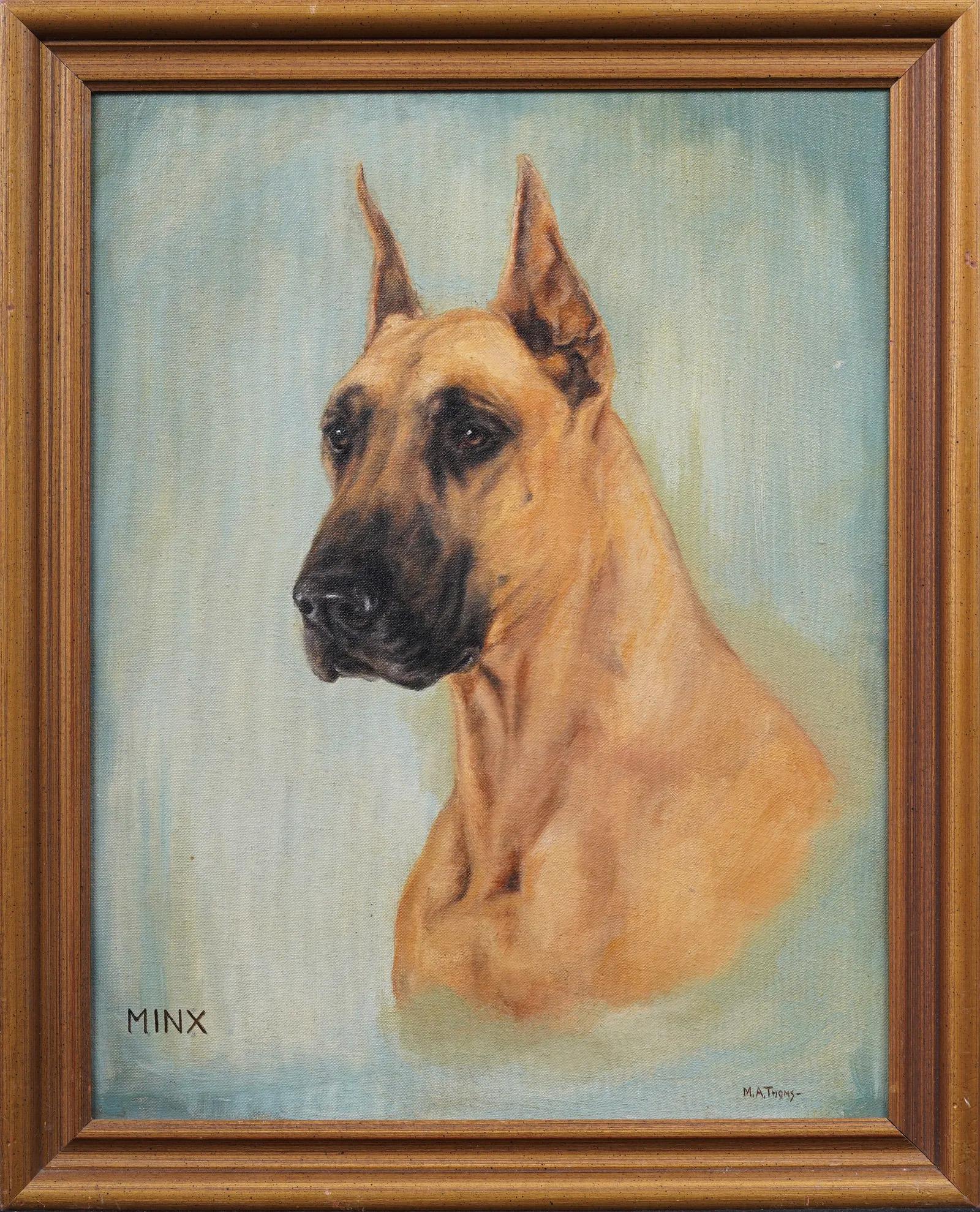 Antique Dog Portrait American School Signed Framed Original Oil Painting - Brown Interior Painting by Unknown