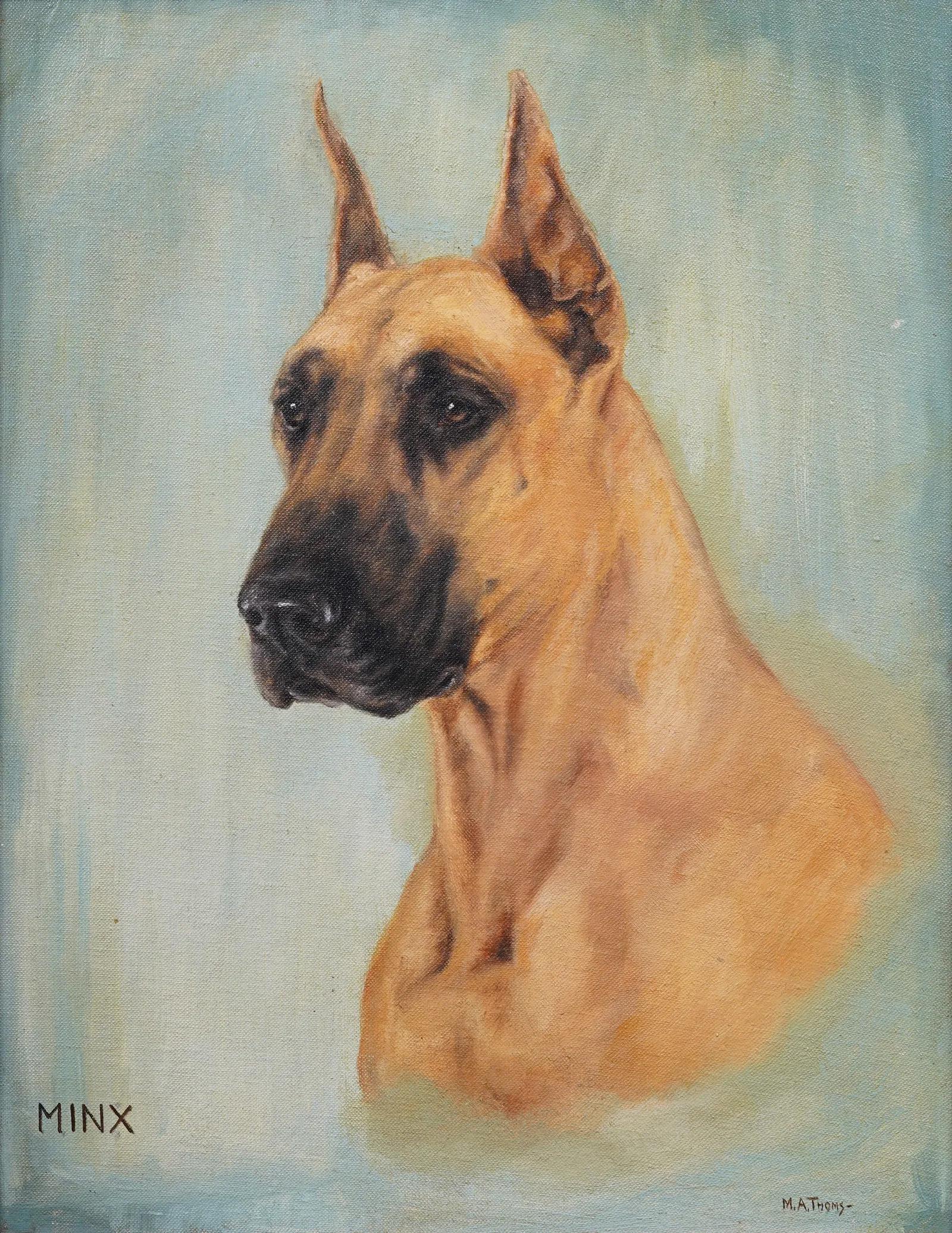 Antique American school dog portrait oil painting. Oil on canvas board. Signed. Framed. Measuring 17 by 21 inches and 14 by 18 painting alone. 