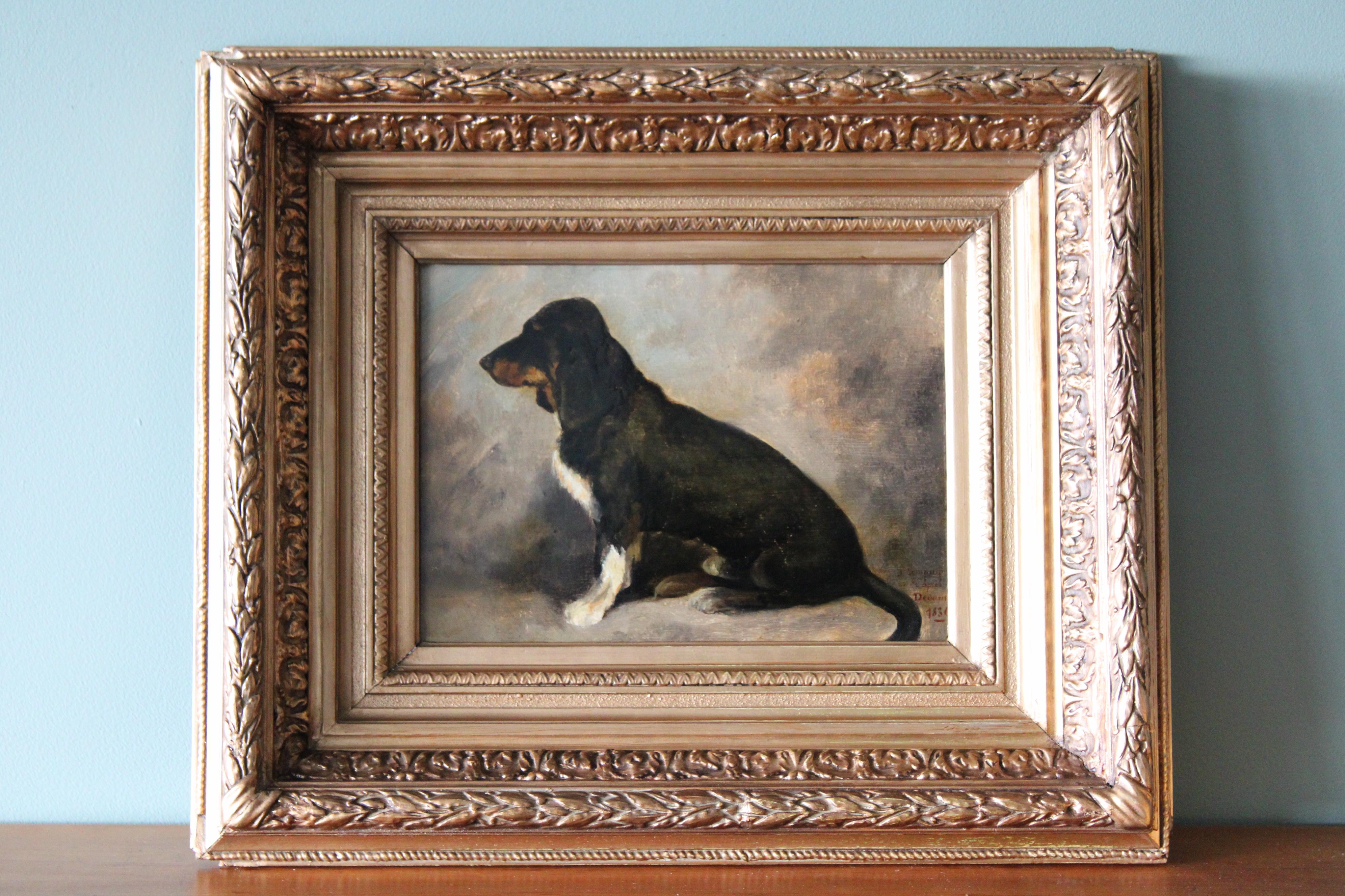 Antique dog portrait, portrait of a basset hound, animal portrait - Painting by Unknown