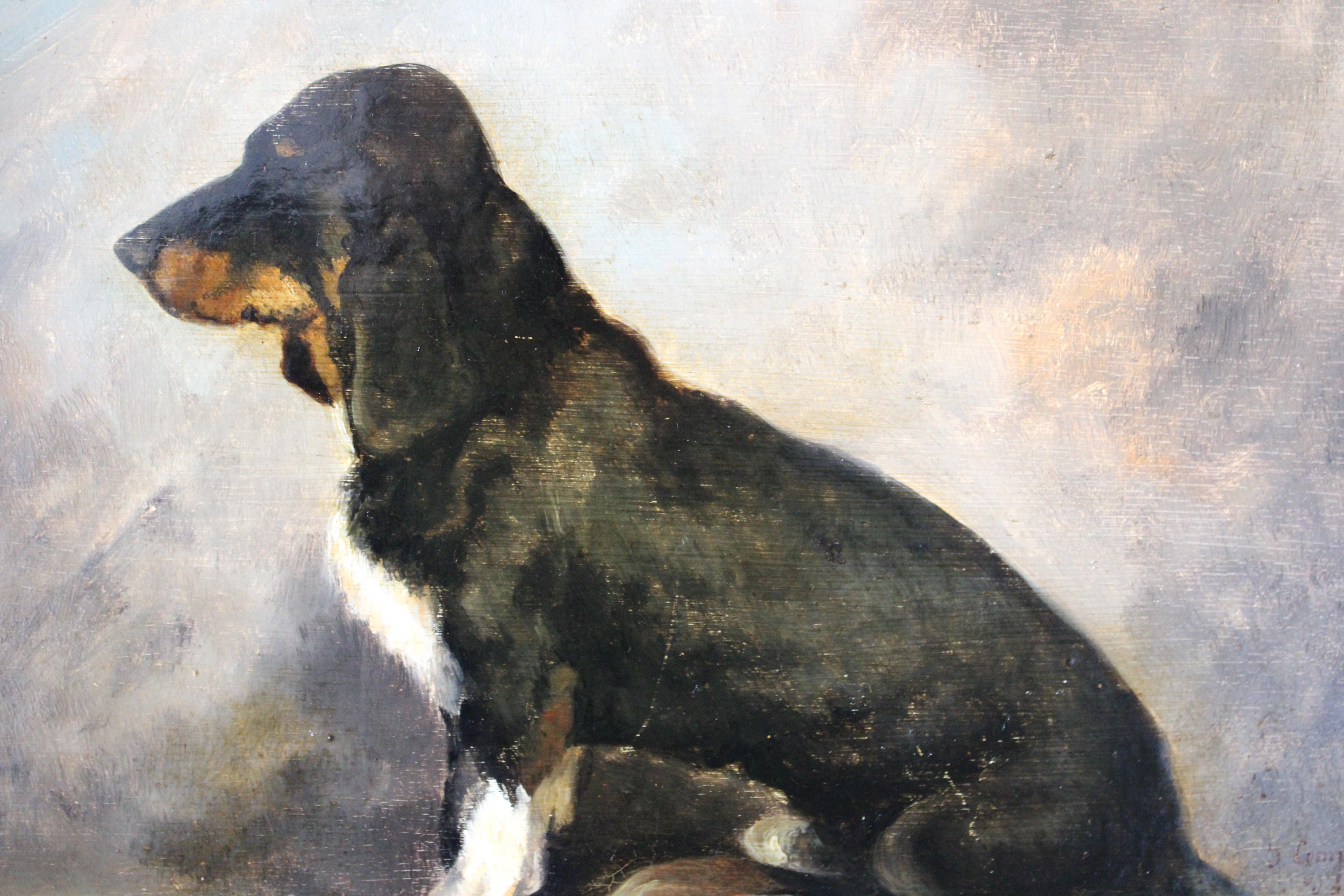 Antique dog portrait, portrait of a basset hound, animal portrait - Brown Animal Painting by Unknown
