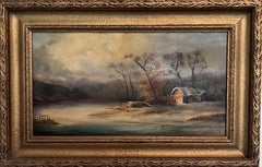 Antique Dutch Landscape Oil Painting on Board Rustic Cabin Winter Scene Unsigned