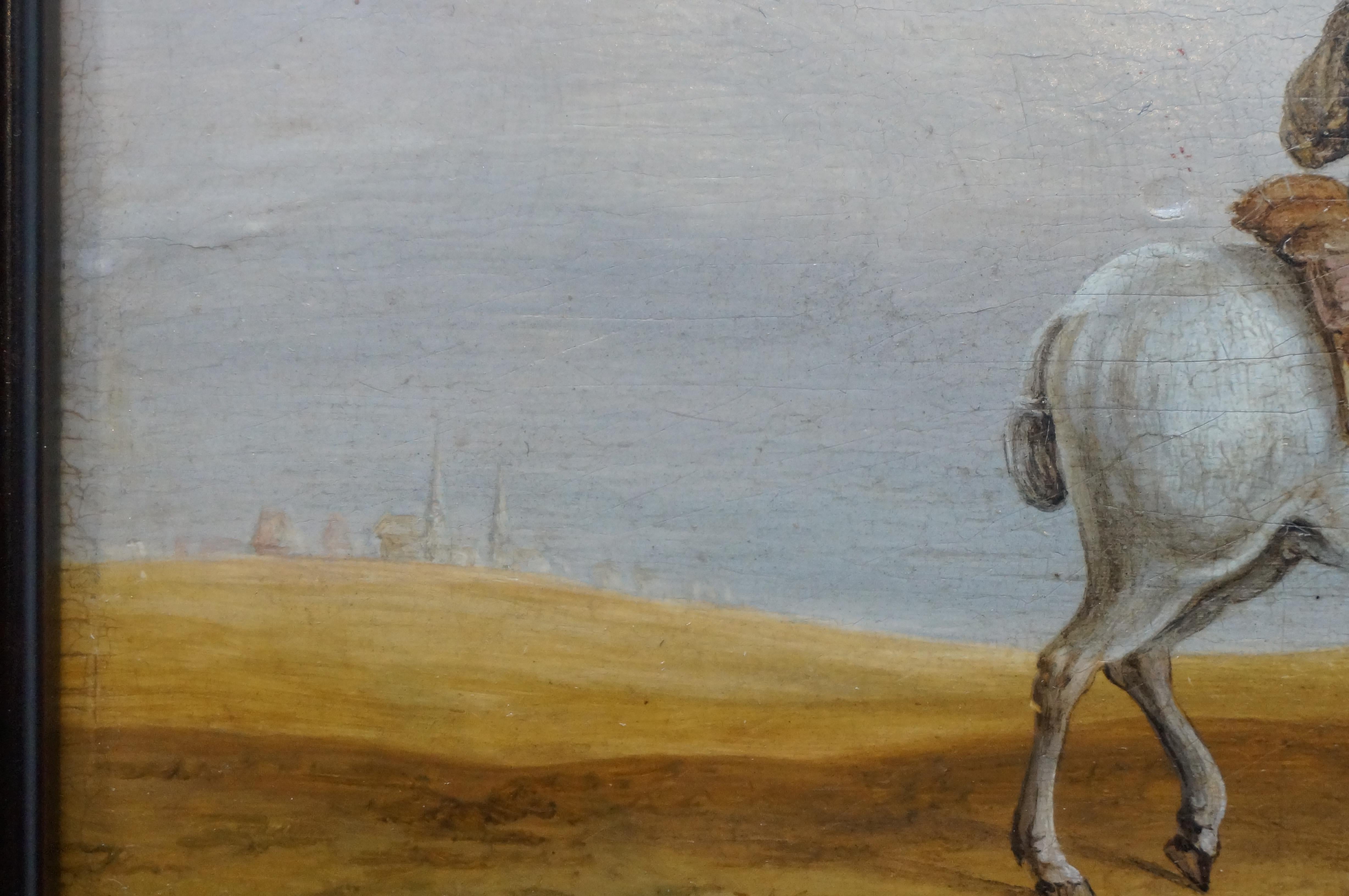 Peinture à l'huile hollandaise ancienne sur panneau, voyageur à cheval avec un chien, vers 1835 en vente 6