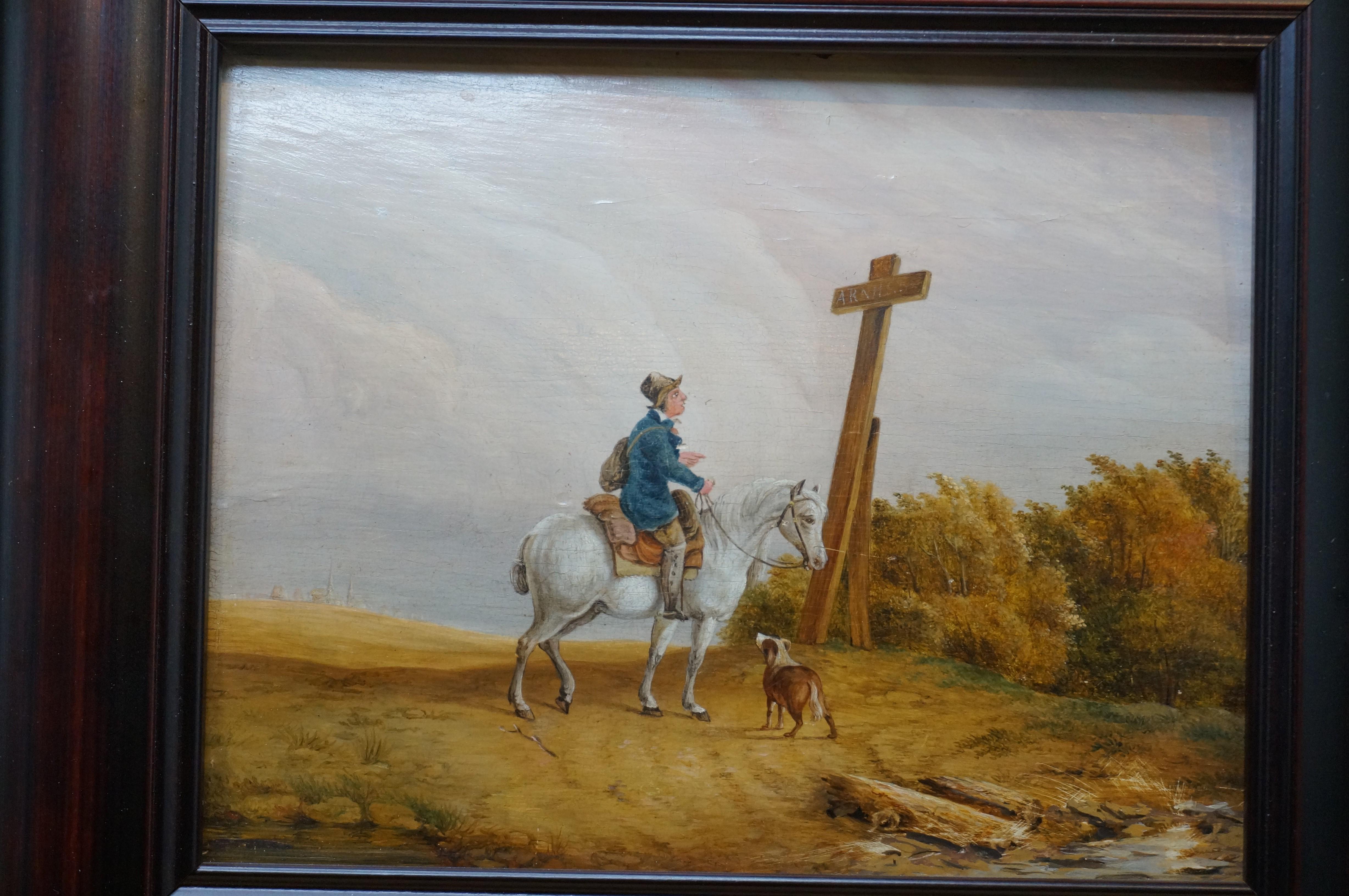 Peinture à l'huile hollandaise ancienne sur panneau, voyageur à cheval avec un chien, vers 1835 en vente 7