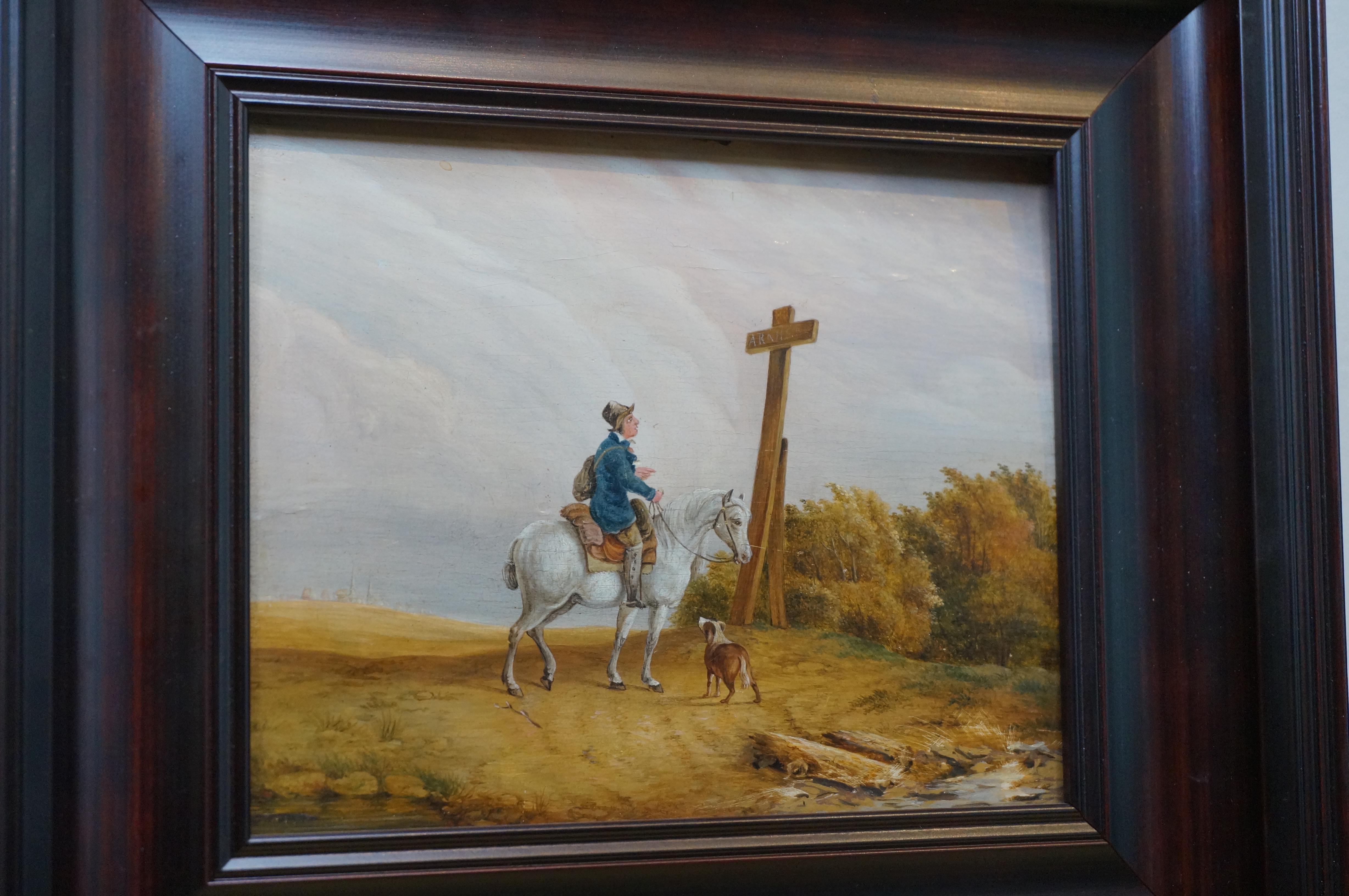 Antique Dutch oil painting on panel, traveler horseback with a dog, ca. 1835 For Sale 10