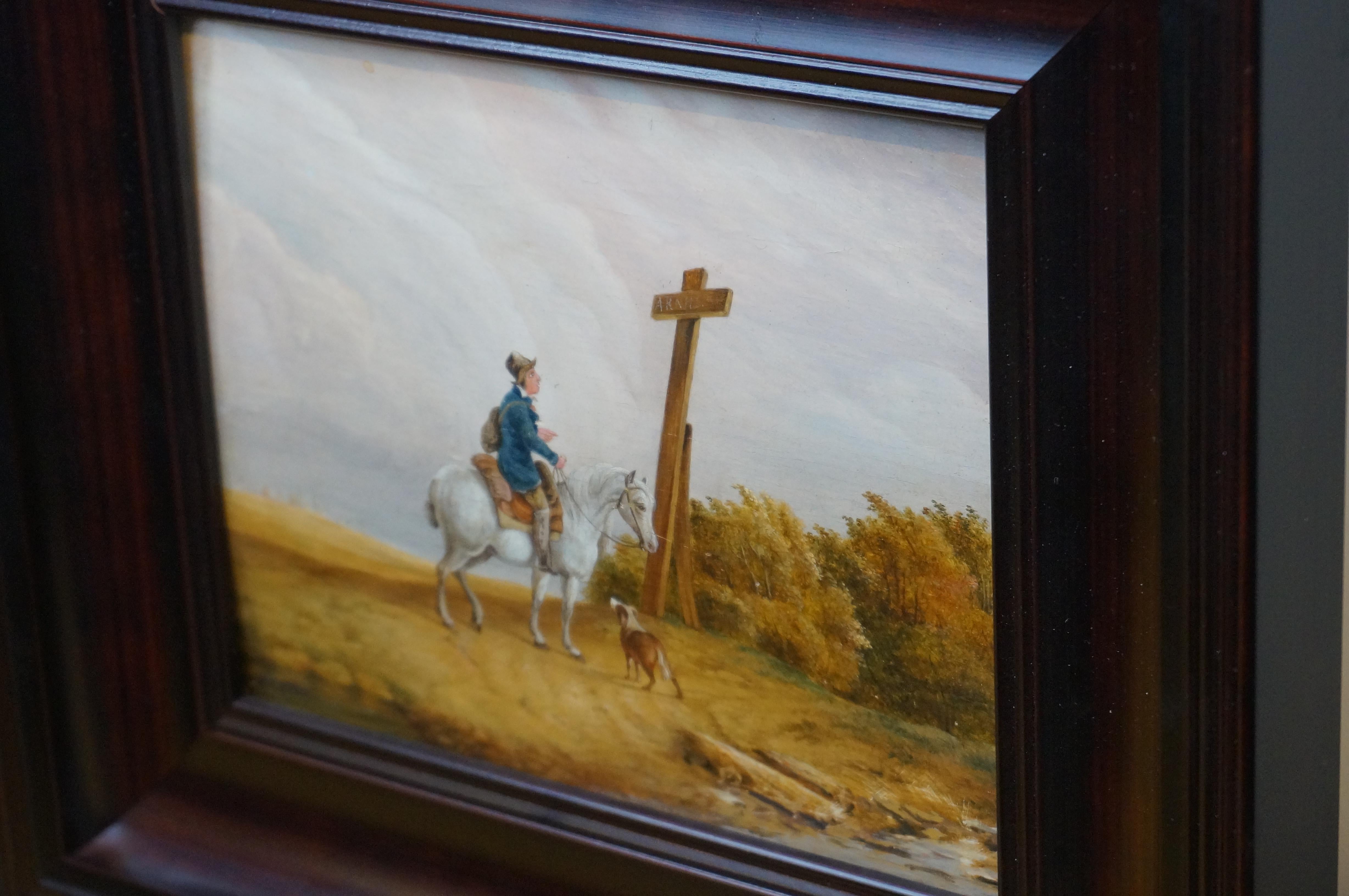Antique Dutch oil painting on panel, traveler horseback with a dog, ca. 1835 For Sale 11