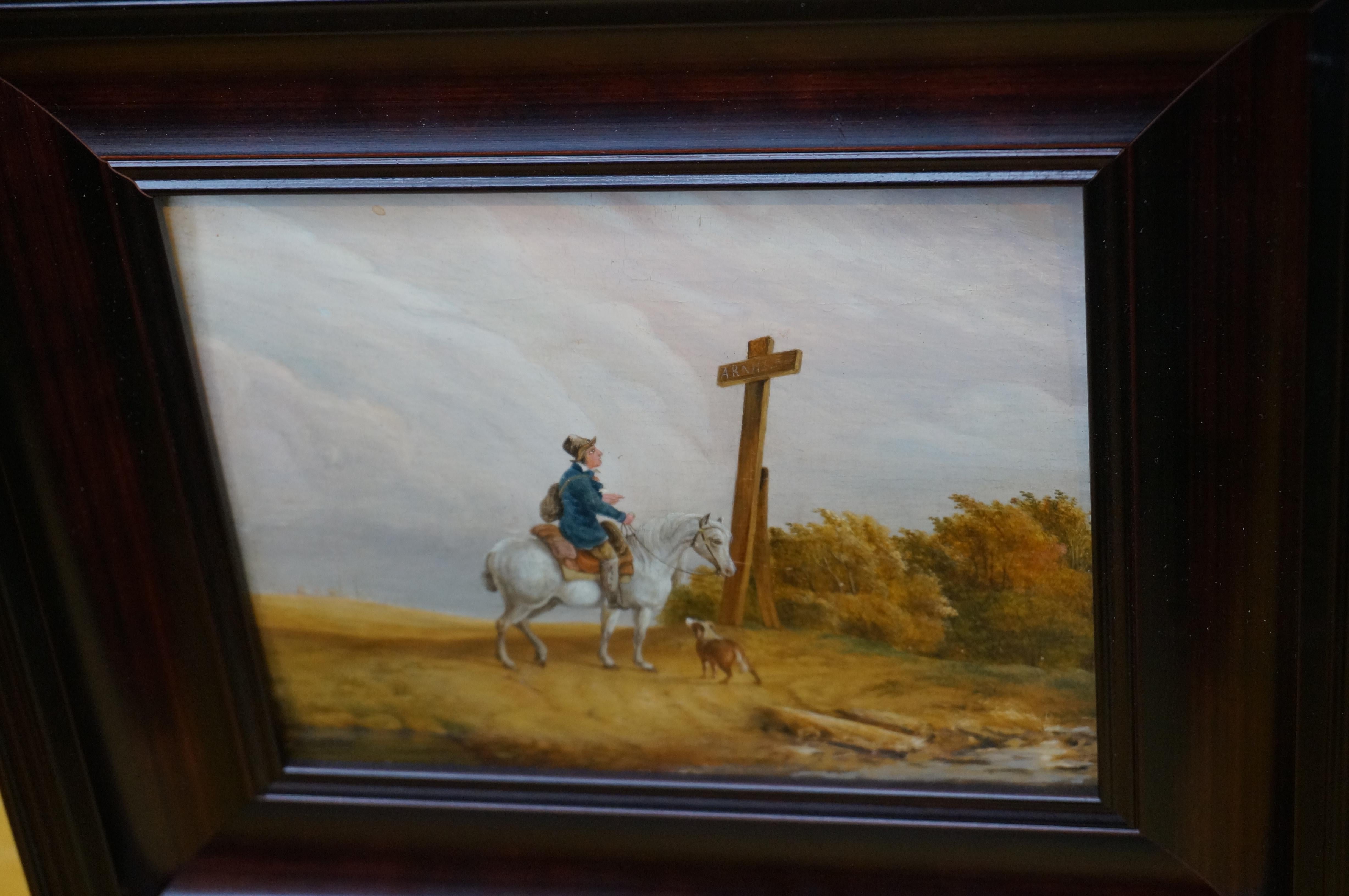 Antique Dutch oil painting on panel, traveler horseback with a dog, ca. 1835 For Sale 12