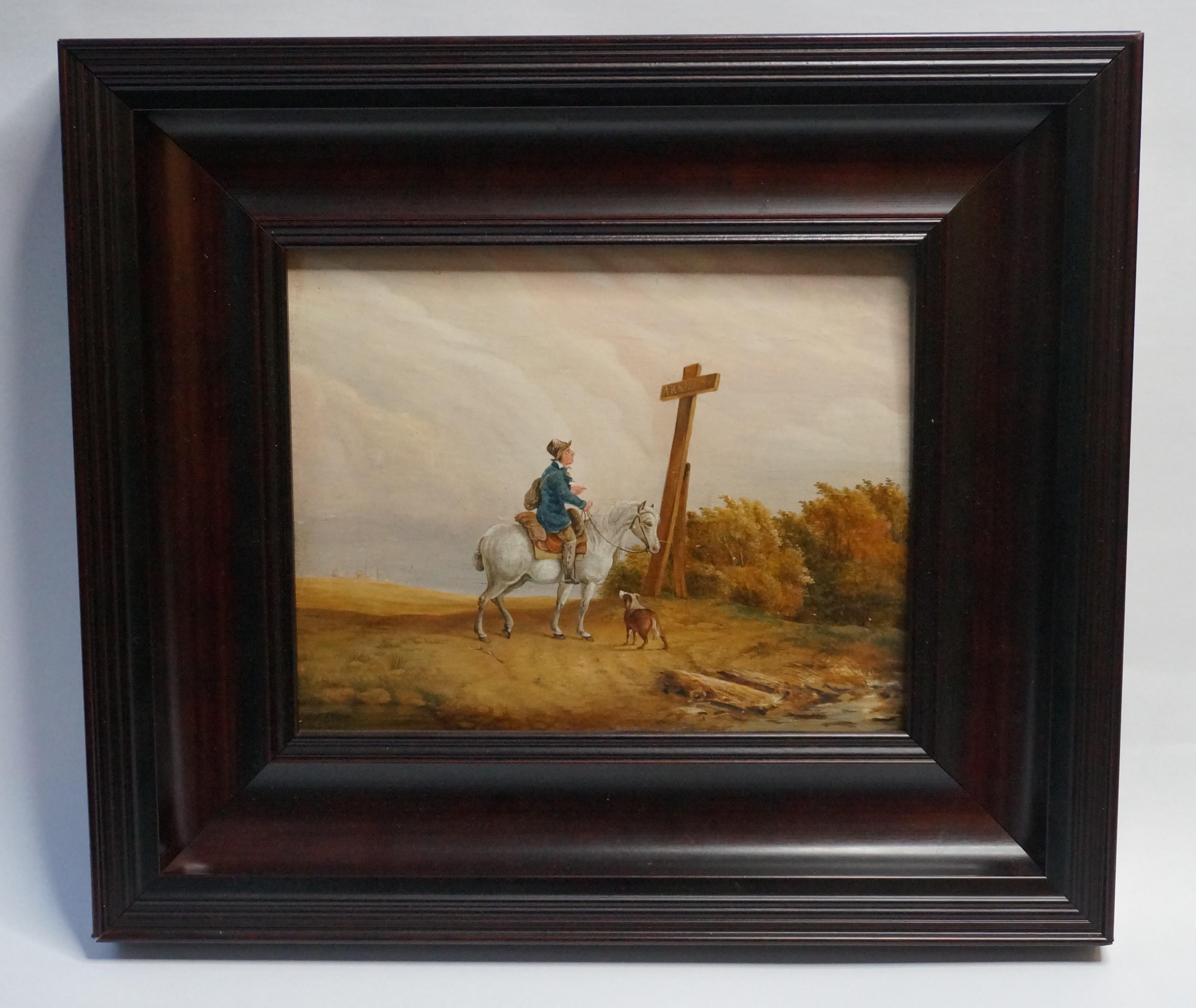 Peinture à l'huile hollandaise ancienne sur panneau, voyageur à cheval avec un chien, vers 1835 en vente 12